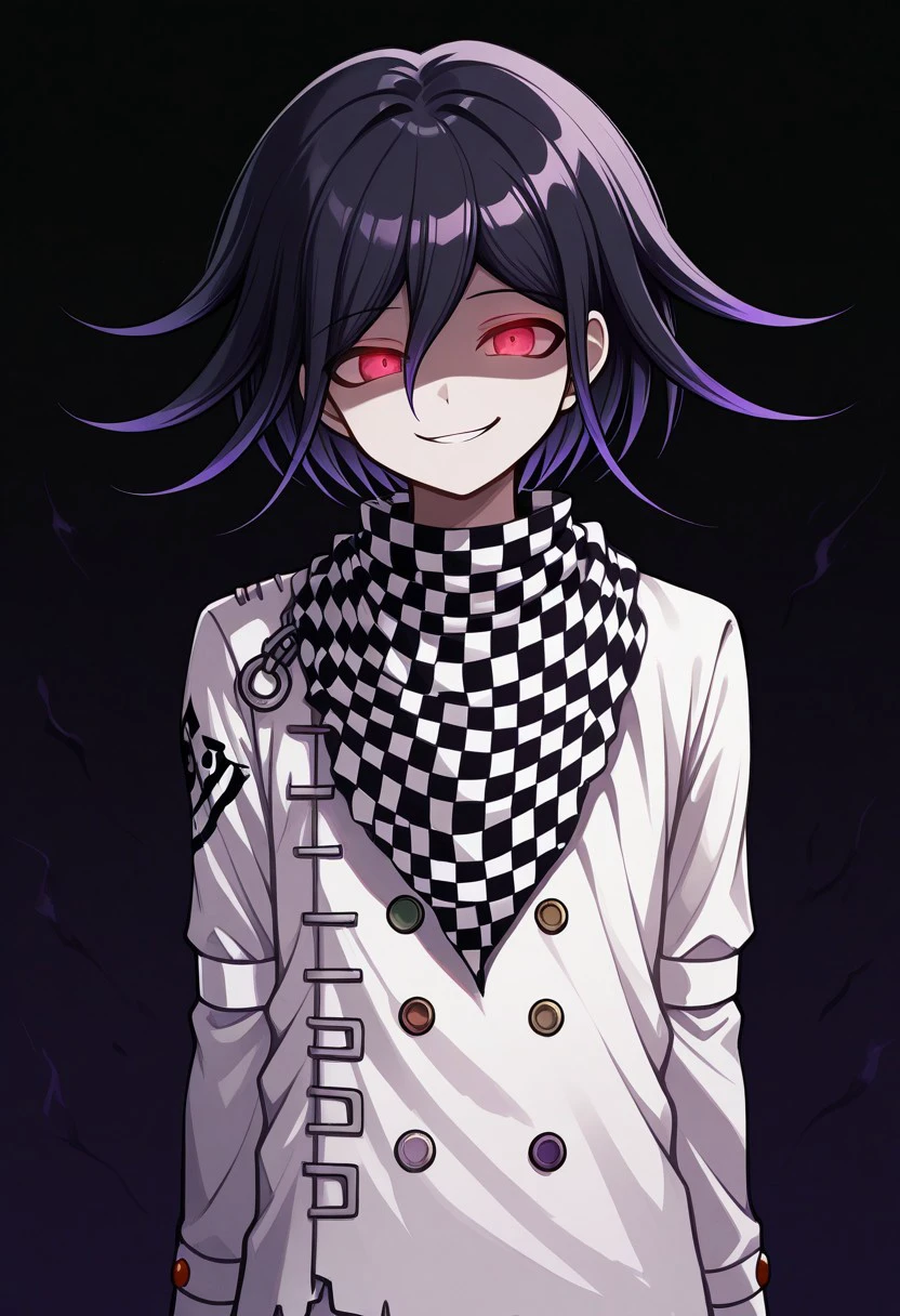 masterpiece, best quality, 
kokichi, 1boy, male focus, solo, red eyes, glowing eyes, black hair, purple hair, multicolored hair, medium hair, hair between eyes, bangs, jacket, straitjacket, buttons, double-breasted, white jacket, long sleeves, scarf, checkered scarf, smile, indoor, smirk, shaded face,
indoor, darkness