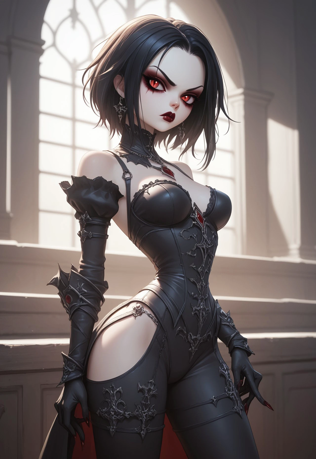 1girl, solo, adult mature woman, age 30, high quality, best quality, highres, high detail, afterglow,film grain, <lora:Outfit_BlackVelvetbyEDG:0.85> ,  wearing  edgBlackVelvet fashion, costume, lingerie, shoulder,edgBlackVelvet, velvet, Royal Chapel backdrop,  <lora:Char_bg3-ShadowheartbyDocS-LORA:0.8> dsshadowheart, black hair, long hair, ponytail, bangs, braid, hair ornament, pointy ears, green eyes, circlet