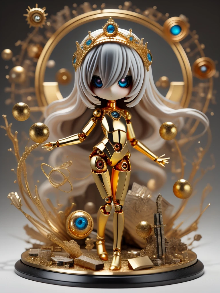 (masterpiece), (best quality), (extremely detailed), (1girl), solo, (pretty cute girl), looking at viewer, slender, evenly sized eyes, extremely detailed eyes, full body, (completely features), 16k, collapsed, mechanical parts, apostle, crown, golden, biscape