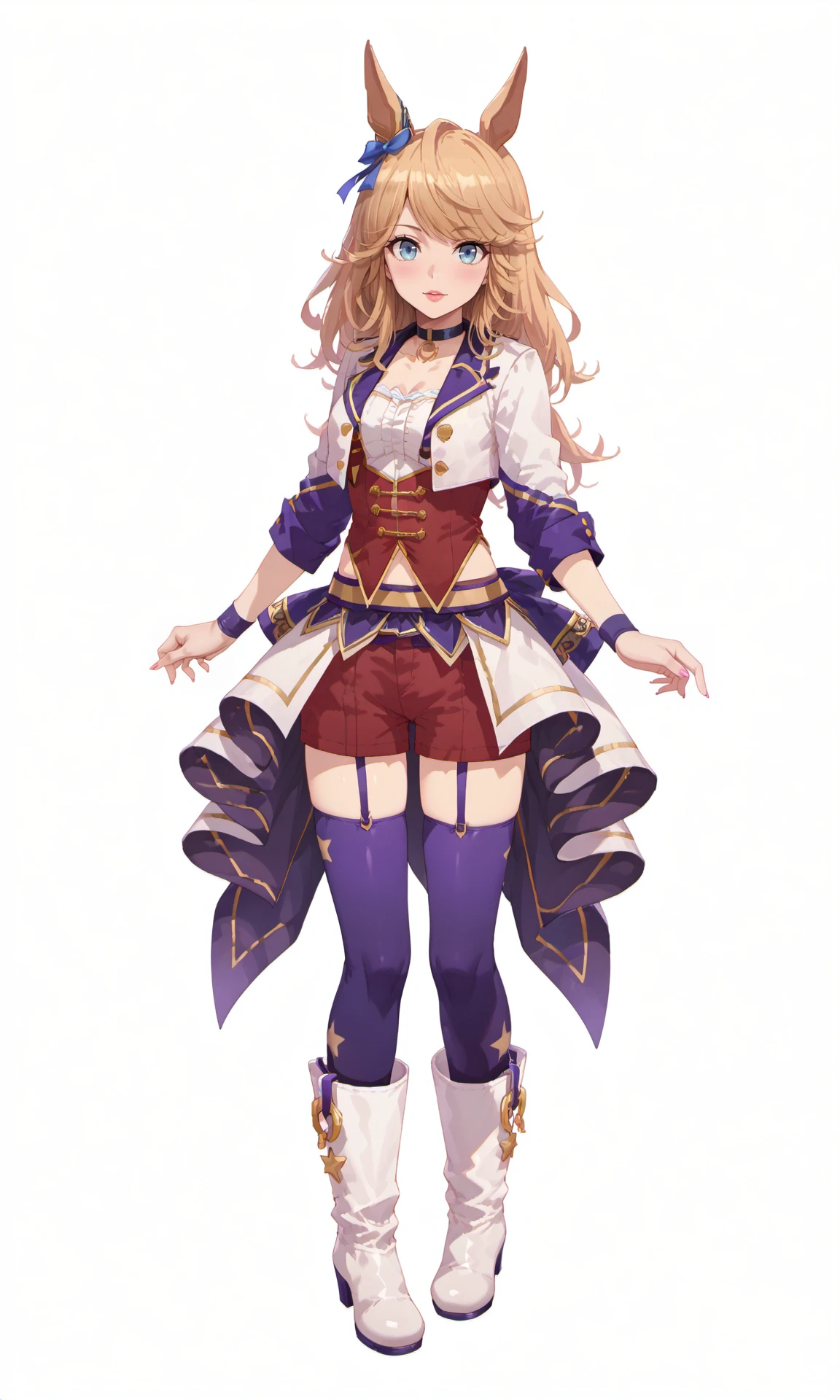 simple background,white background,GCstartingFuture,horse girl,blue ear ornament,purple choker,garter straps,white cropped jacket,red shorts,purple star thighhighs,white high heel boots,purple wristband,
score_9,score_8_up,score_7_up,game_cg,anime,source_anime,masterpiece,best quality,highres,absurdres,solo,umamusume,game cg,standing,full body,front view,from front,looking at viewer,
<lora:GoldCityPonyExtraV1:0.88>,