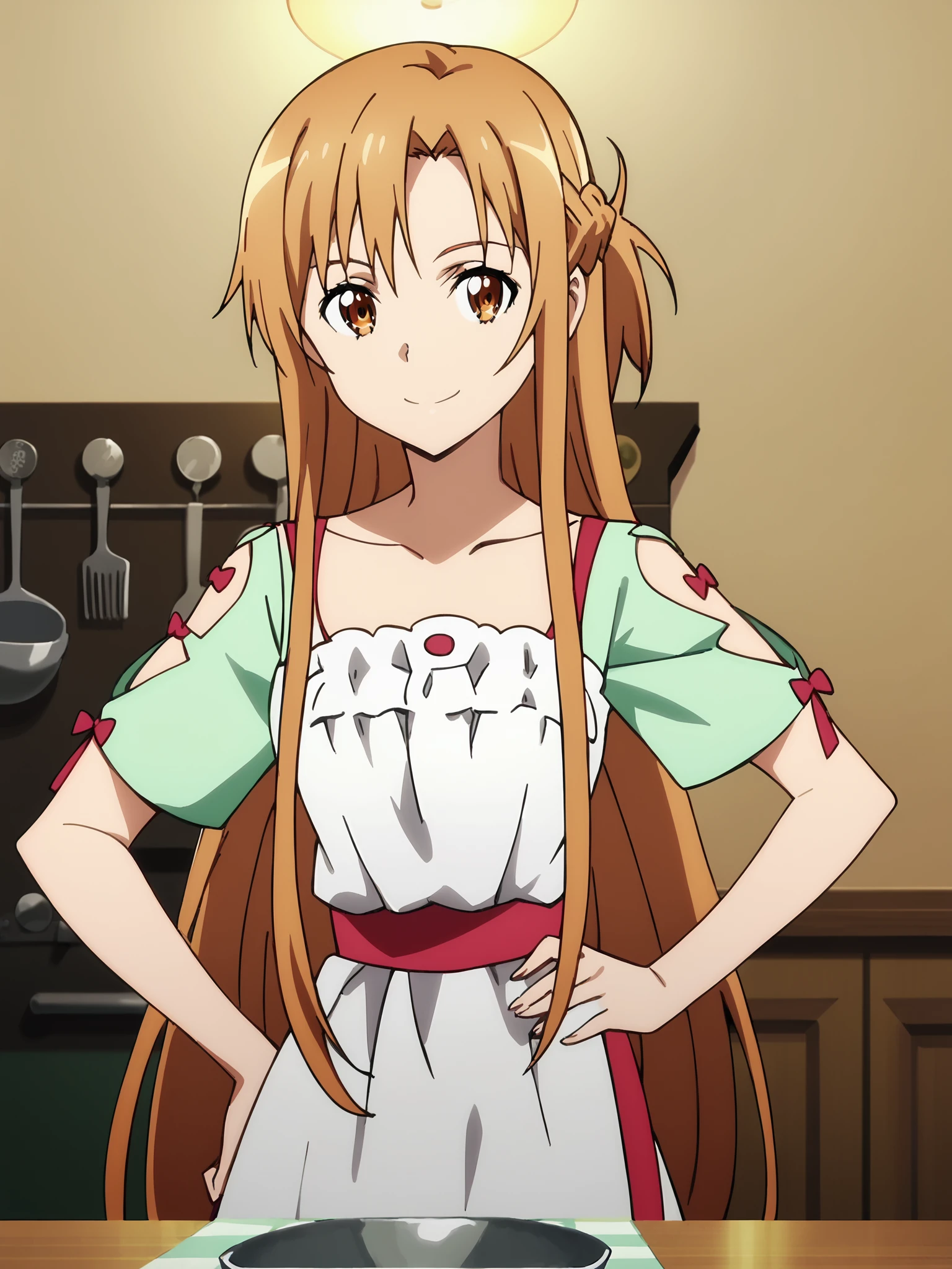 score_9, score_8_up, score_7_up, source_anime,anime screencap, anime coloring, official style,
inside, in a kitchen,
 <lora:3-in-1_Asuna_Yuuki_Suguha_Kirigaya_and_Kirito_Kazuto_Kirigaya_Sword_Art_Online_-_Pony:.8>
Asuna Yuuki (character), Asuna kitchen outfit, 1girl, asuna (sao), long hair, brown hair, brown eyes, solo, smile, hand on own hip, very long hair, looking at the viewer