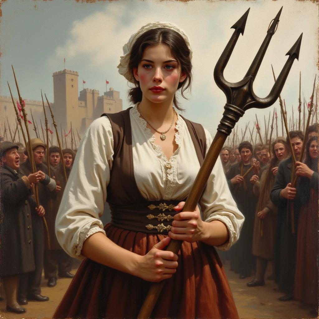 (Beautiful impressionistic oil painting) of a woman in the 1870s in france during the french revolution holding a three-pronged simple pitchfork and leading a rabble of shouting people to the bastille. She is clothed in french peasant clothing of the early 19th century and has a determined look on her face., <lora:Livtyler_FLUX_v1-merger_merger33_73_merger45_73_03_07:1.05>