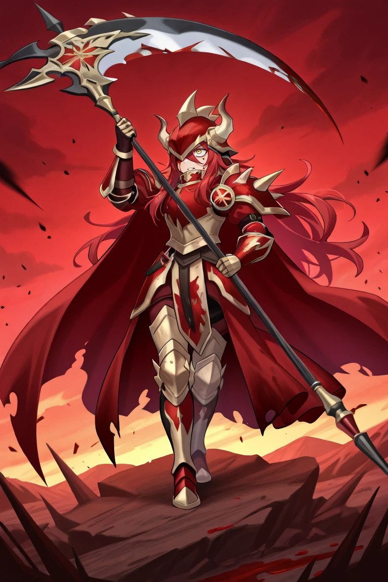 <lora:GulcasaIL:0.8> , guldef, (1boy), red hair, long hair, hair between eyes, yellow eyes, armor, full armor, spikes, shoulder armor, one eye covered, horned helmet, spiked helmet, horned headwear, shoulder spikes, cape, red cape, pauldrons, gauntlets, greaves, battlefield, bloody, blood-stained armor, holding scythe, scythe, imposing, ominous, full body, solo, masterpiece, very aesthetic, absurdres, best quality, amazing quality, high resolution, detailed background,  <lora:illustrious_quality_modifiers_masterpieces_v1:0.8> , <lora:ChamIllustriousBackgroundEnhancer:0.5>