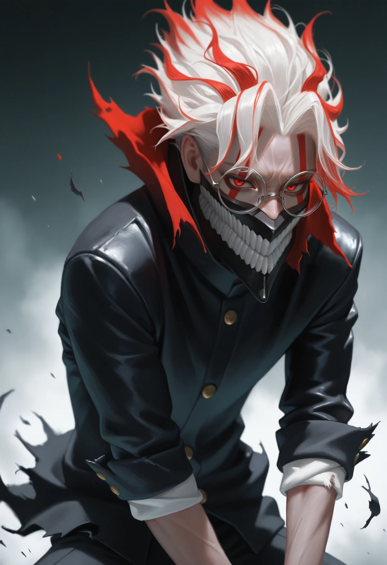 masterpiece, best quality, realistic,
 <lora:Okarun Dandadan [IL]:0.85> okarun, 1boy, solo, male focus, red eyes, glasses, white hair, mask, teeth, long sleeves, multicolored hair, red hair, round eyewear, || rolled up sleeves, school uniform, torn clothes, black jacket,