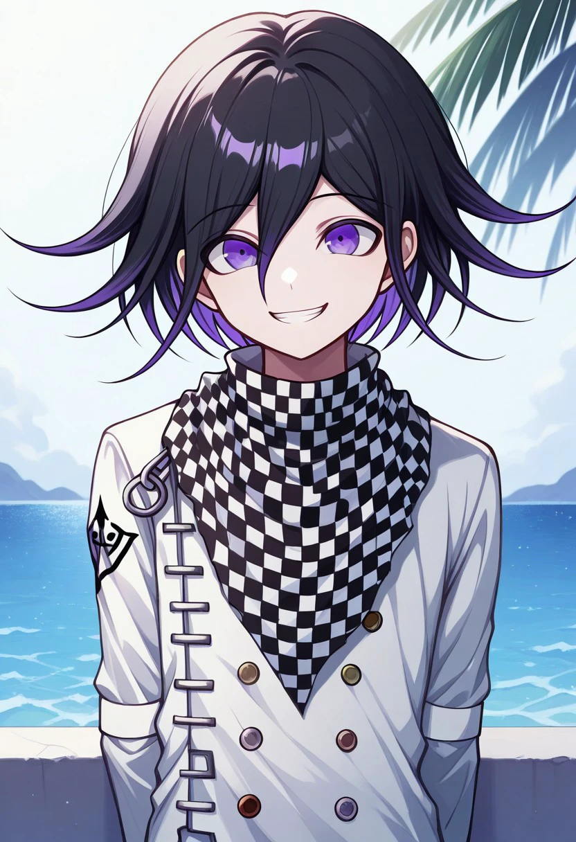 masterpiece, best quality, 
kokichi, 1boy, male focus, solo, purple eyes, black hair, purple hair, multicolored hair, medium hair, hair between eyes, bangs, jacket, straitjacket, buttons, double-breasted, white jacket, long sleeves, scarf, checkered scarf, smile, grin, upper body
outdoor, palm, ocean