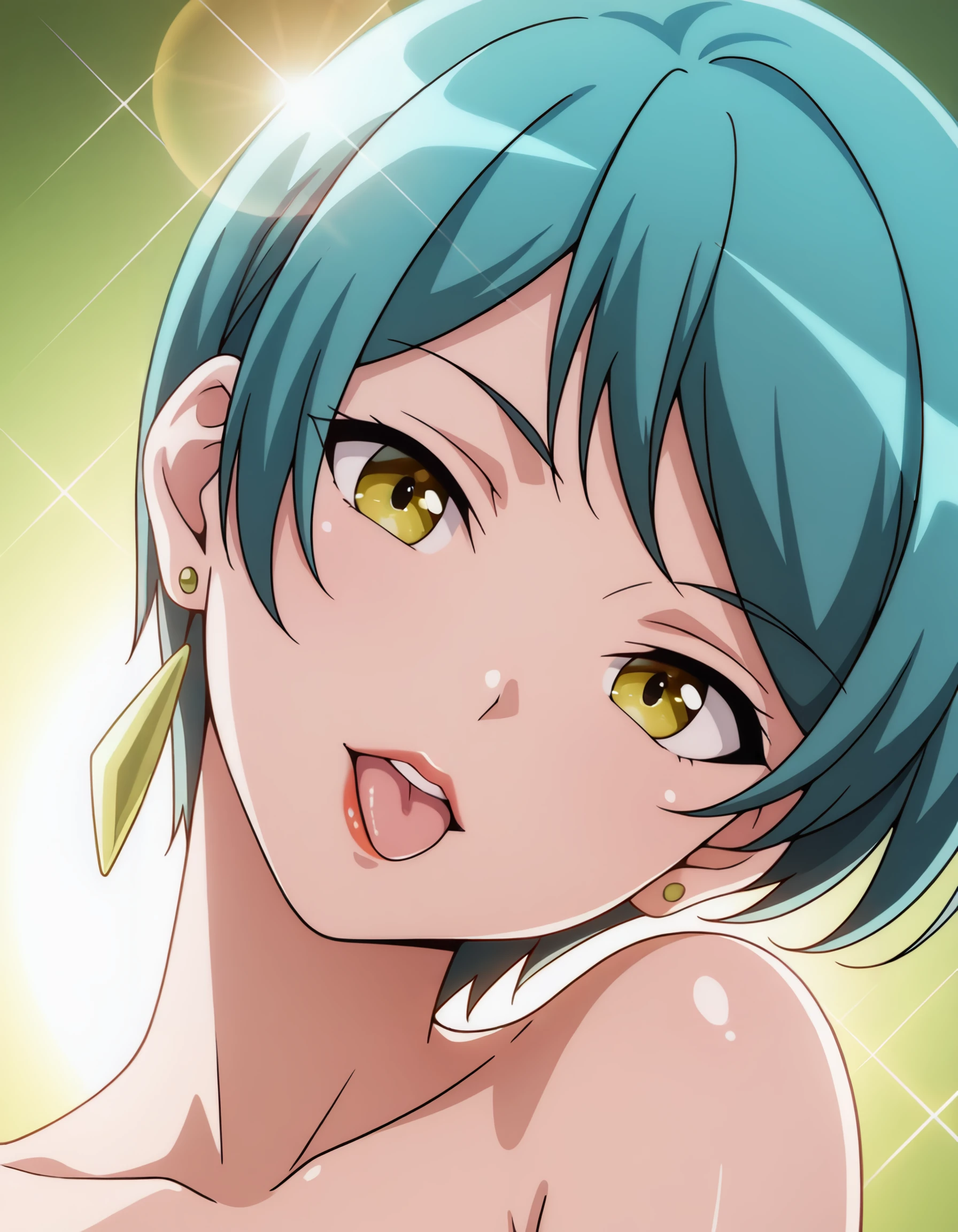 masterpiece, detailed, best_quality, <lora:claudia_asterio_il:1> claudia_asterio, short_hair, aqua_hair, blue_hair, earrings, yellow_eyes, tongue, tongue_out, lips, red_lips, teeth, looking_at_viewer, shadow, simple_background, green_background, gradient_background, head_tilt, shadow, lens_flare, backlighting, shiny_skin, shiny_hair