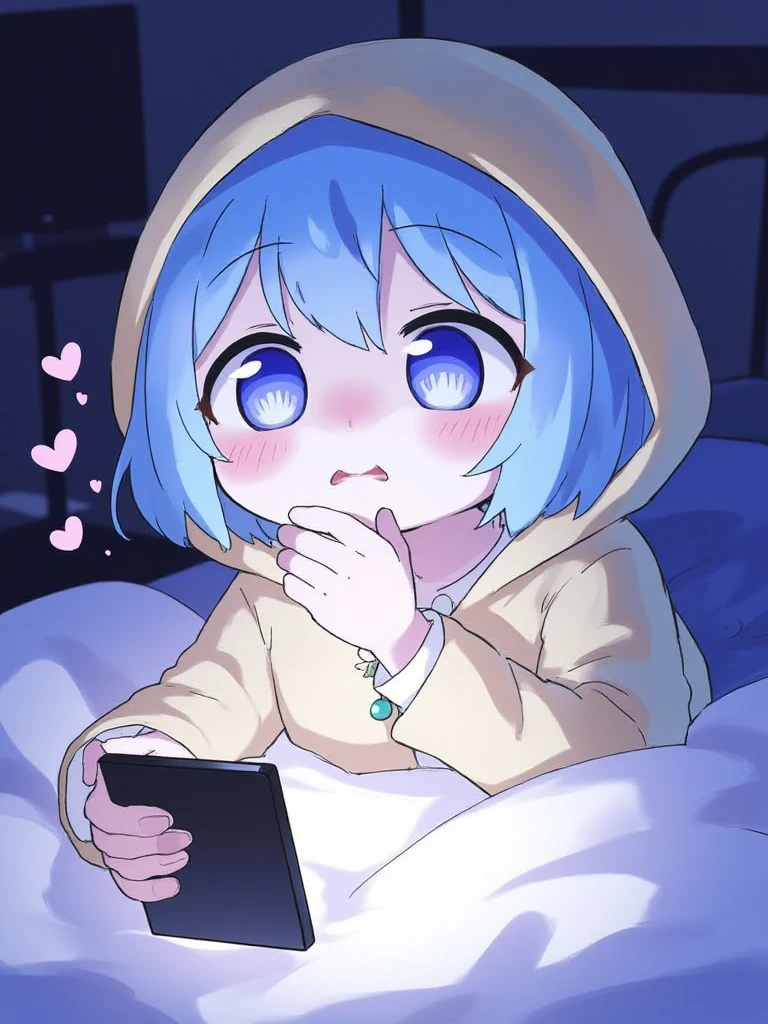 A cute anime-style illustration depicting <Luce> watching a succubus video. She shows an embarrassed expression with blushing cheeks and wide eyes, her hand slightly covering her mouth. The room is dimly lit by the soft glow of her phone screen, casting gentle shadows. The art style is delicate with soft color tones, focusing on her innocent yet flustered reaction. Small sweat drops and heart symbols float around her head, emphasizing her nervous state. The composition captures this private moment with tasteful restraint.