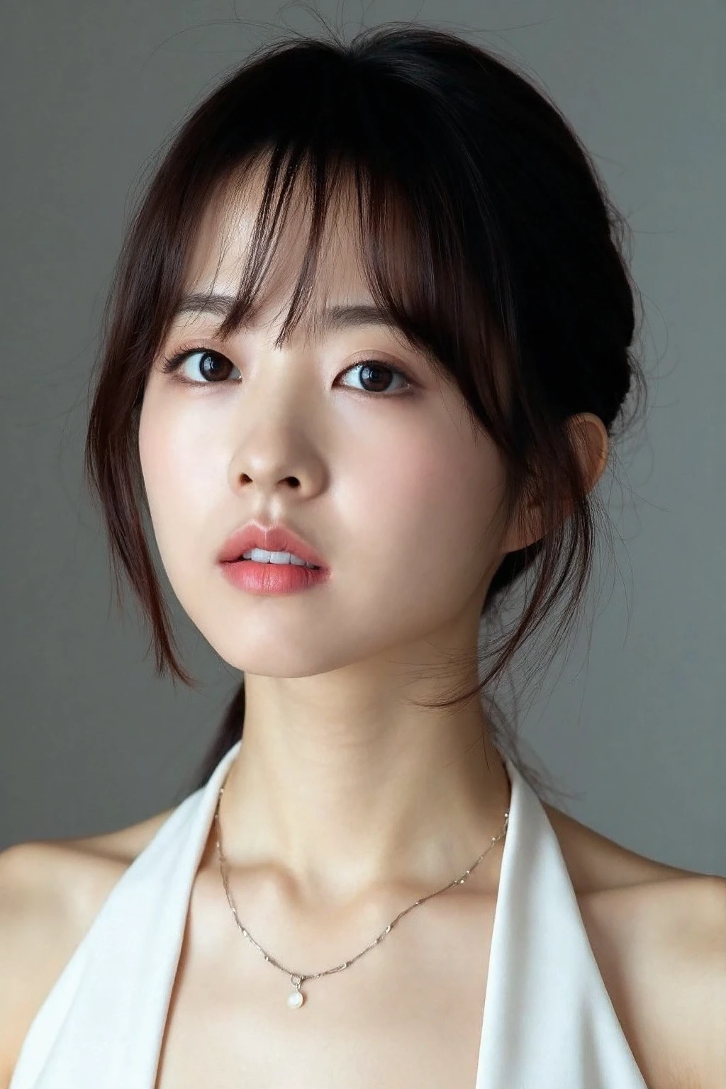 (medium full shot), beautiful young asian woman wearing white halter dress, necklace, dslr, soft lighting, high quality, light reflections, blood vessels, pale skin, skin pores,blood vessels in sclera, detailed skin, beauty spots, skin fuzz, <lora:flux_realism_lora:1>, <lora:makinaflux_parkboyoung_v1.0:1>