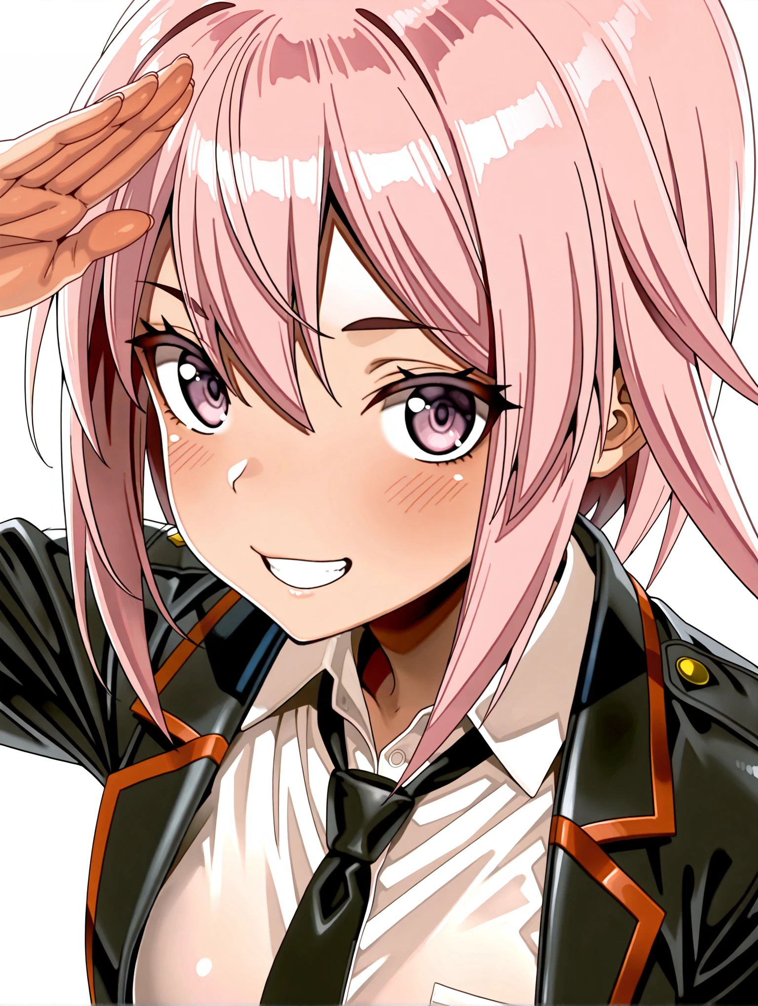 masterpiece,best quality,amazing quality,
solo,1girl,
<lora:yotsuyu_ilxl_v1.1>,yotsuyu,ashihara_h,black jacket,open jacket,black necktie,untucked_shirt,
<lora:Fixhands_anime_bdsqlsz_V1:1>,light_blush,white_background,simple_background,face_focus,looking_at_viewer,upper_body,profile,salute,grin,