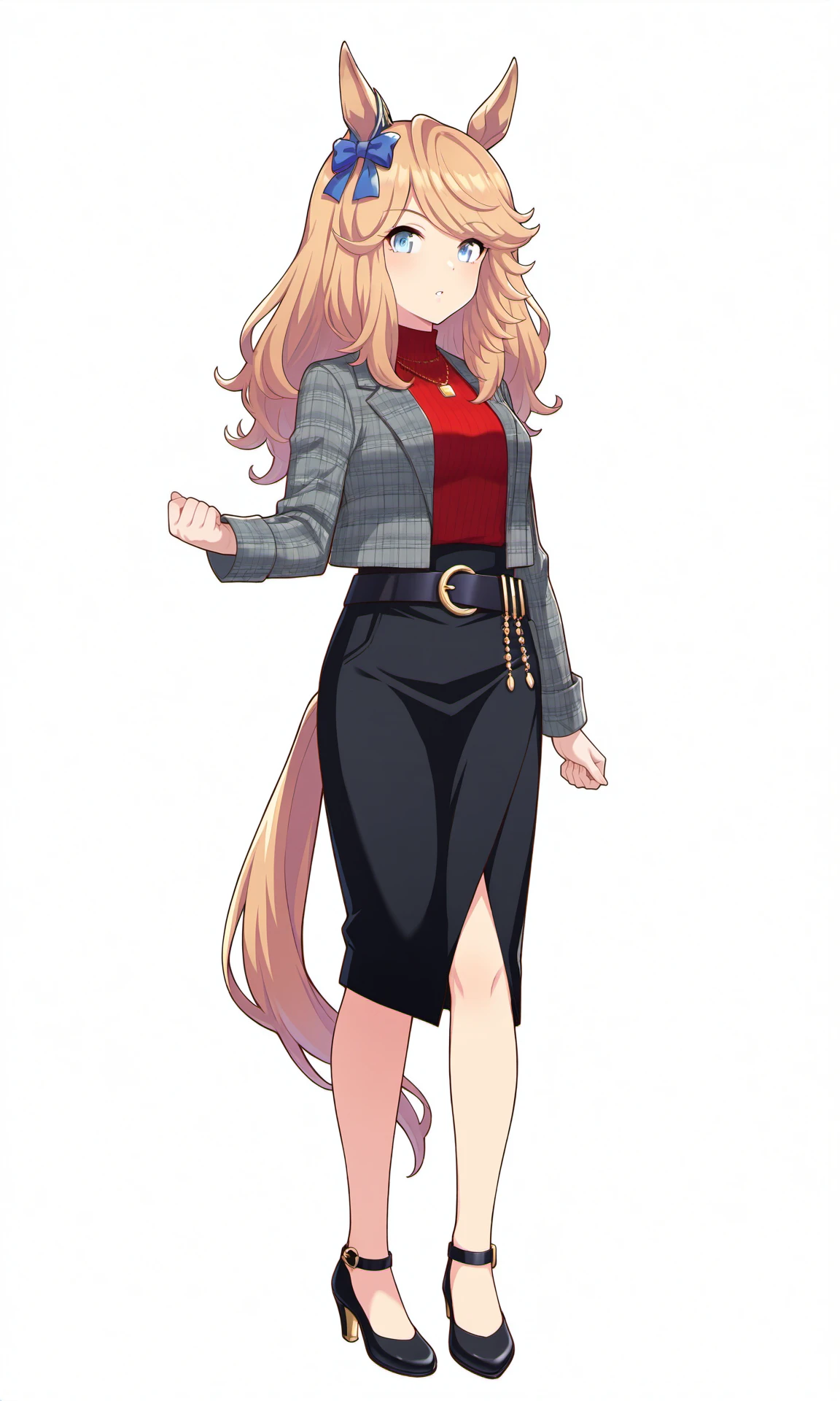 white background,transparent background,simple background,GCcasual,horse girl,grey plaid jacket,open jacket,short red ribbed turtleneck,black pencil skirt,black belt,black high heels,blue ear ornament,necklace,
front view,looking at viewer,standing,full body,
masterpiece,best quality,highres,absurdres,1girl,solo,umamusume,game cg,<lora:GoldCityILCasualV1:1>,