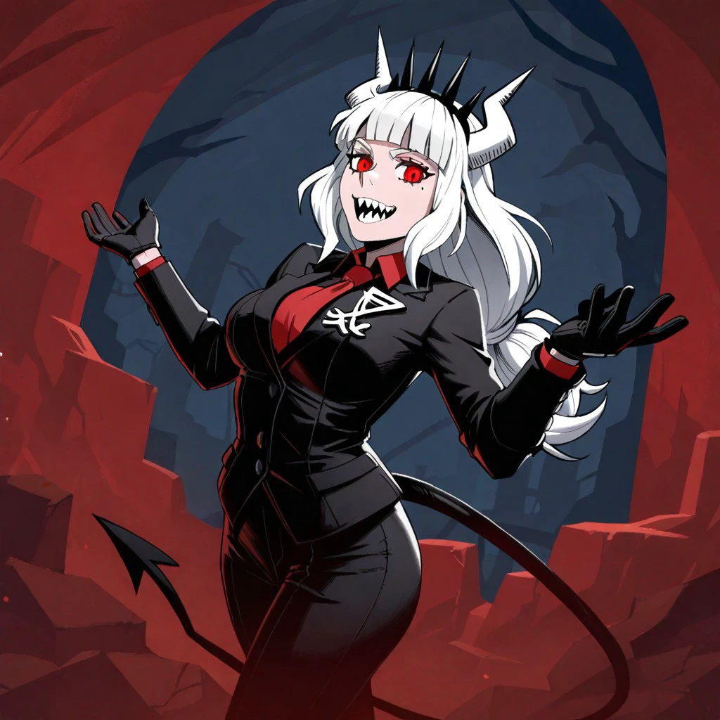 GwentstyleIL-V1.0, masterpiece, best quality, newest, absurdres, highres, 1girl, lucifer \(helltaker\), black suit, red necktie, black collared shirt, black gloves, blunt bangs, demon horns, demon girl, demon tail, sharp teeth, red eyes, white hair, long hair