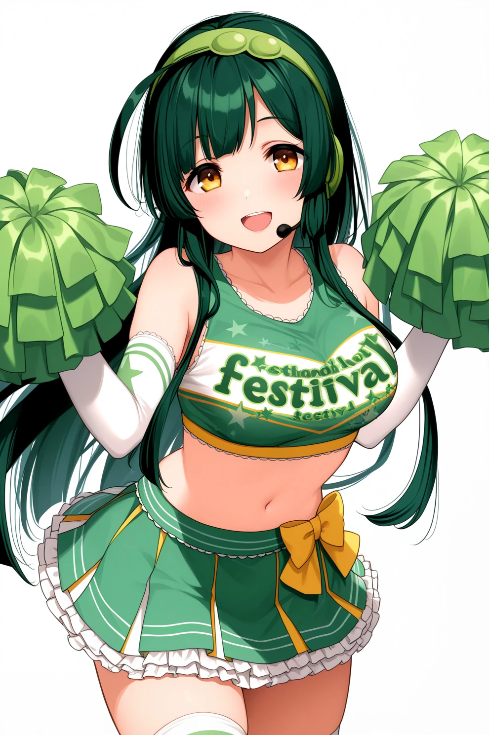 <lora:sifcheer:1>, sifcheer outfit, 1girl, elbow gloves, thighhighs, crop top, touhoku zunko, green outfit, pom poms, masterpiece, best quality