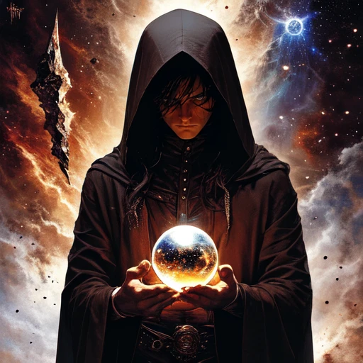 <lora:Ethereal_Gothic_Renaissance:1> ArsMJStyle, Etherial Gothic,The image is a portrait of a young man wearing a black hooded cloak with a hood that covers his head. He is holding a crystal ball in his hands and appears to be in the process of casting it into the air. The man has long dark hair and is looking directly at the camera with a serious expression on his face. The background is dark and filled with stars and nebula giving the impression of a mystical and mystical atmosphere. The colors are vibrant and the overall mood of the image is intense and powerful., 1girl, solo, hood, blue eyes, black hair, looking at viewer, hood up, robe, upper body, realistic