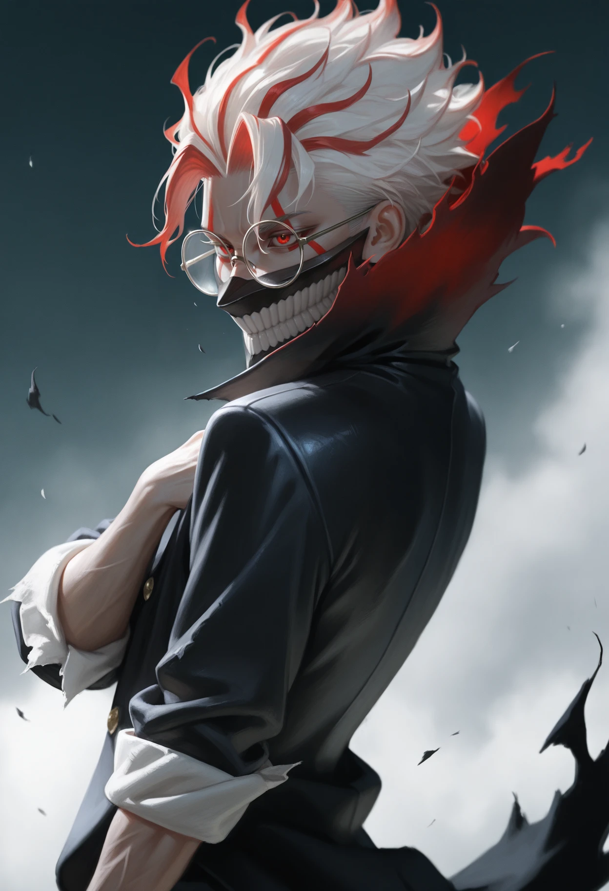 masterpiece, best quality, realistic,
 <lora:Okarun Dandadan [IL]:0.85> okarun, 1boy, solo, male focus, red eyes, glasses, white hair, mask, teeth, long sleeves, multicolored hair, red hair, round eyewear, || rolled up sleeves, school uniform, torn clothes, black jacket,