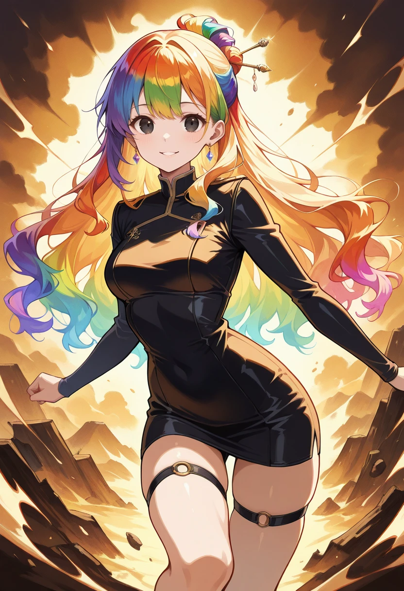 masterpiece, best quality, perfect anatomy, very aesthetic, ((outlined outlined vector graphics)),no norm,close up, front view, , cute face, (glow eyes:0.8), looking at viewer, glittering, glimmering, brown theme, 1girl,20yo, rainbow hair, black eyes, log hair, hair pin,mdeium breast, slender,(white thigh strap:1.1),(black clohtes:1.1), , jewelry, earrings, parted lips,, long sleeve,black , action pose , smile, <lora:rainbow-hair-il-01:1>