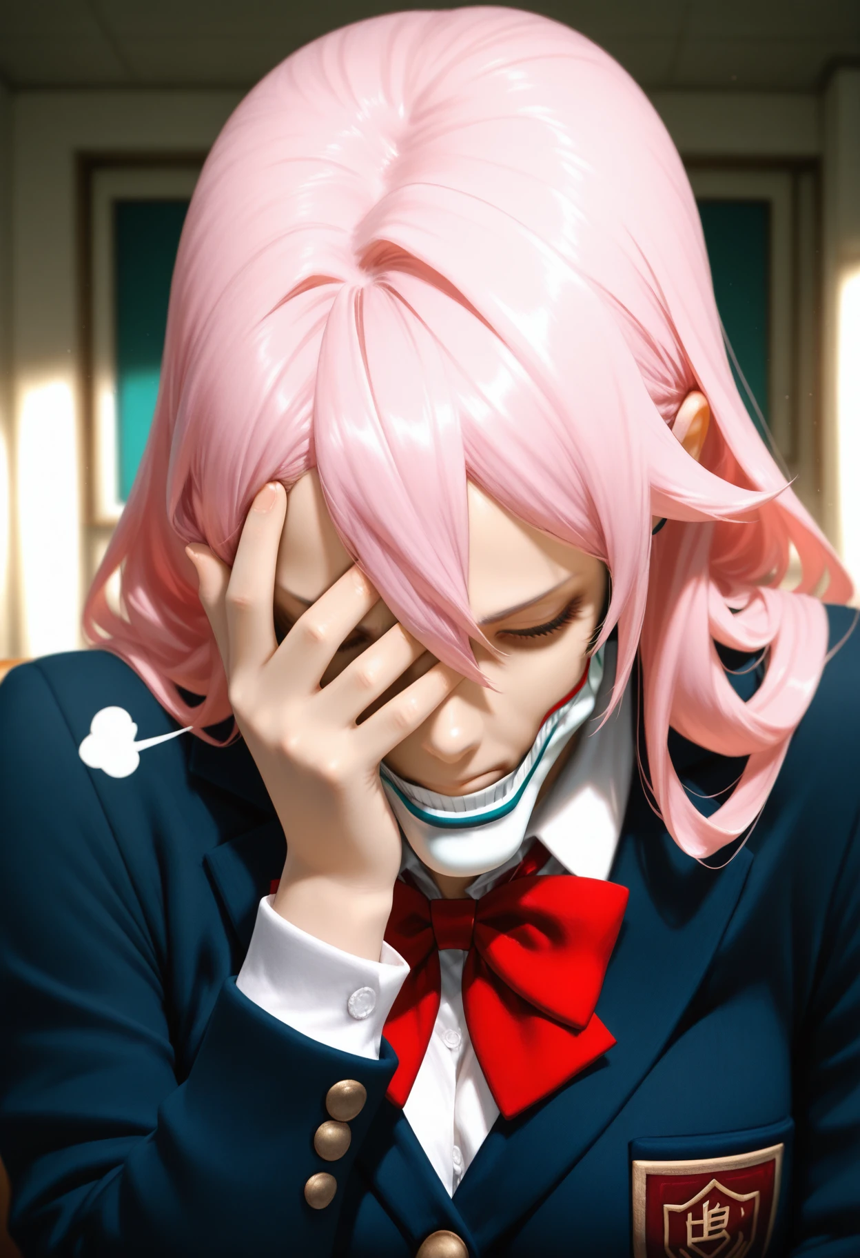 masterpiece, best quality, realistic,
 <lora:Aira Dandadan [IL]:0.9> 1girl, aira, pink hair, mask, white mouth mask, long hair   ||1.  school uniform, red bow tie,
<lora:Facepalm [IL]_1:1> facepalm, upper body, hand on own face, covering face, sits, sigh