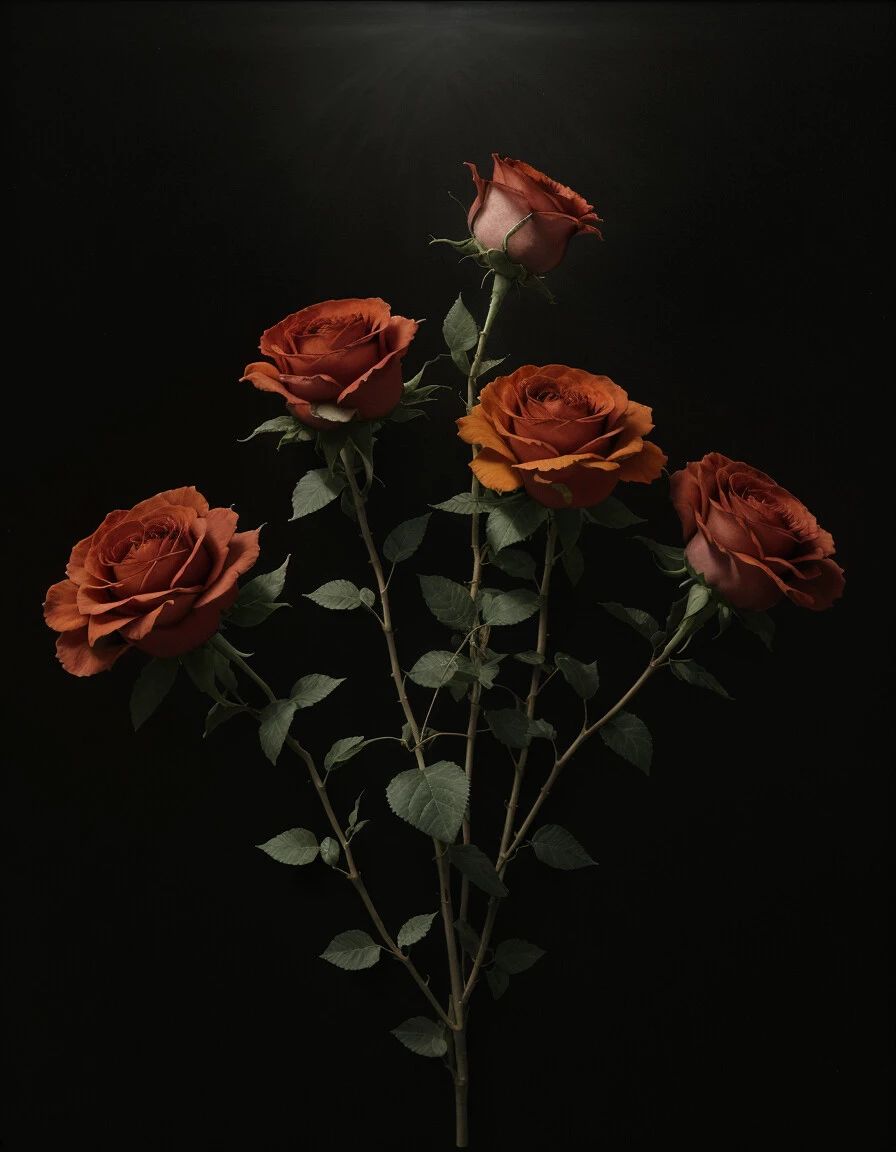 roses on a black background, in the style of jacob van ruisdael, light orange and light gray, naturalistic materials, trompe-l'Åil illusionistic detail, wimmelbilder, mark catesby, still lifeâââ