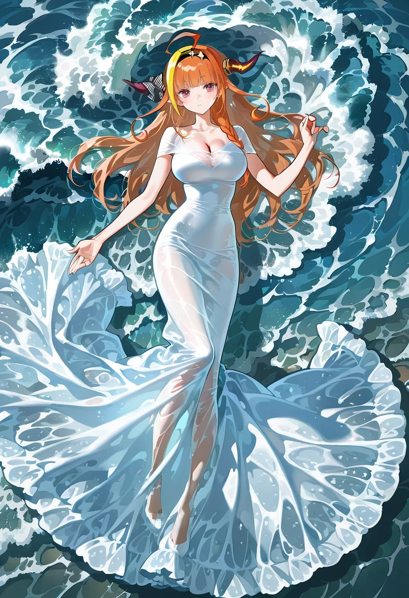 1girl,solo,looking at viewer,ikeda ruriko, water dress, waves, white dress, water, long dress, ocean, kiryu_coco,lying,