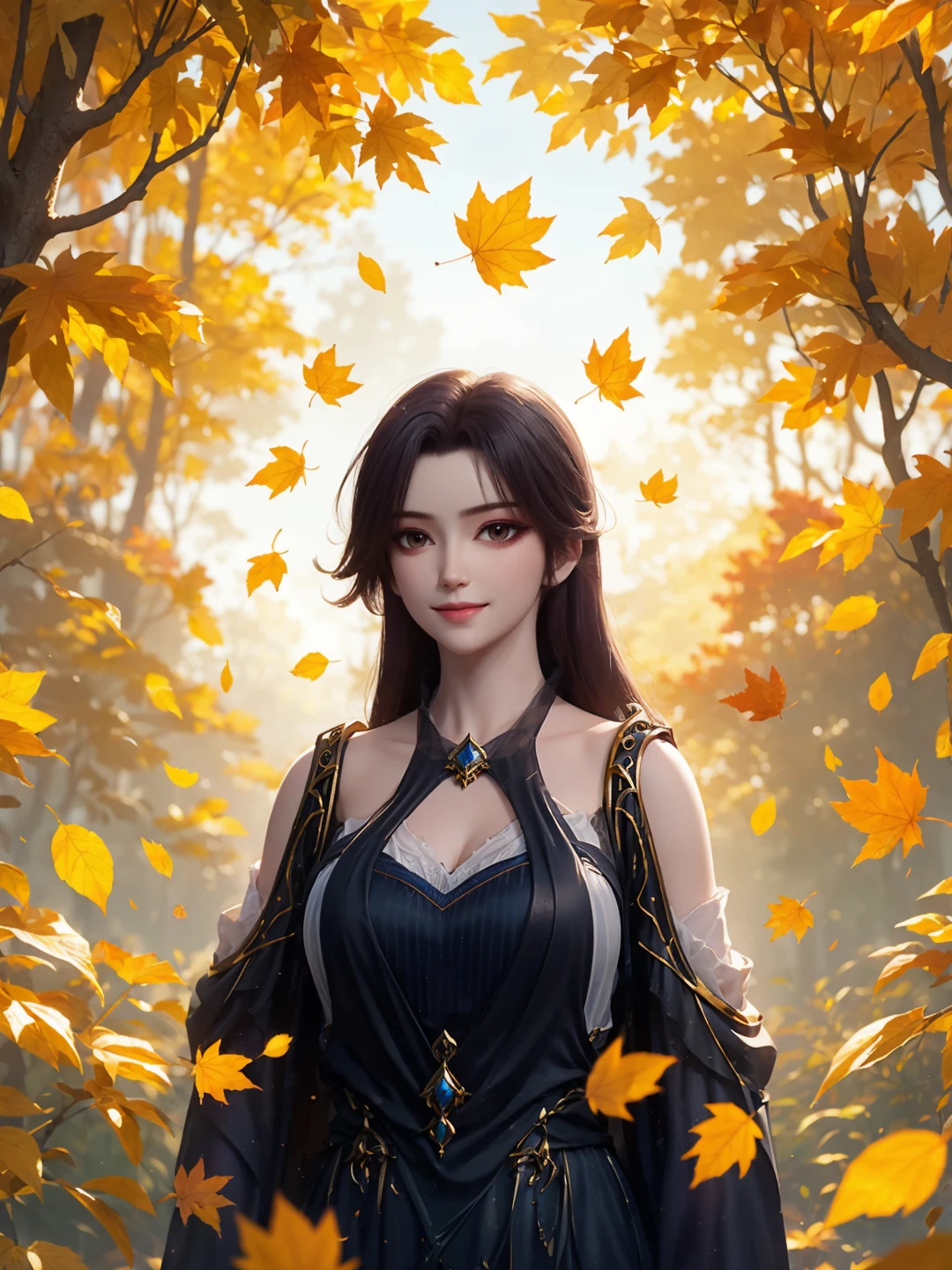 caoying,1girl,solo,light smile,closed mouth,jewelry,(huge breasts),(dress:1.3),(looking at viewer),outdoors,(autumn leaves,autumn,autumn forest),depth of field,Highly detailed,(best quality:1.5,masterpiece:1.5),<lora:caoying-000010:0.9>,<lora:æè£å¢å:-0.5>,