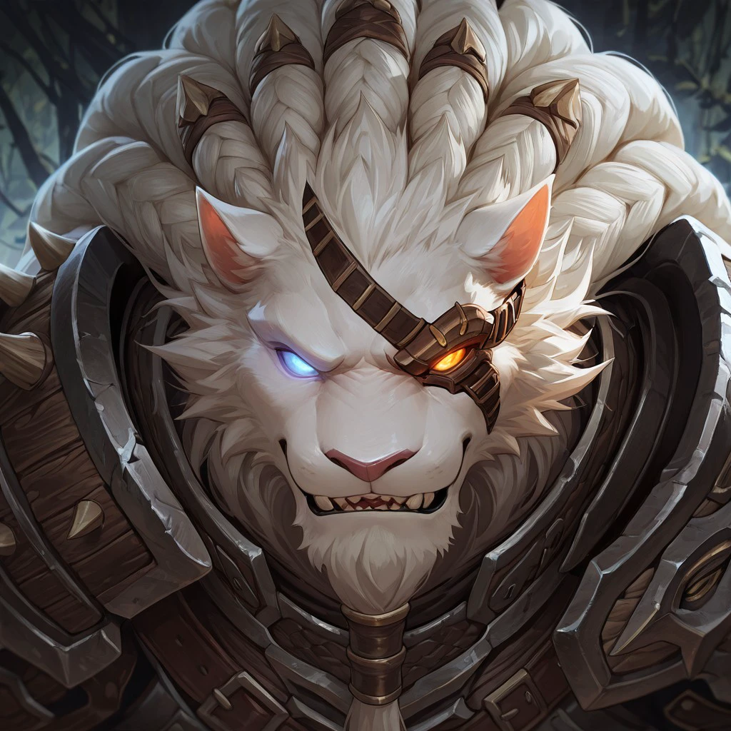 masterpiece, best quality, amazing quality, null-ghost, 1boy, solo, Rengar, Eyepatch, armor, bara, close up, glowing eyes, 