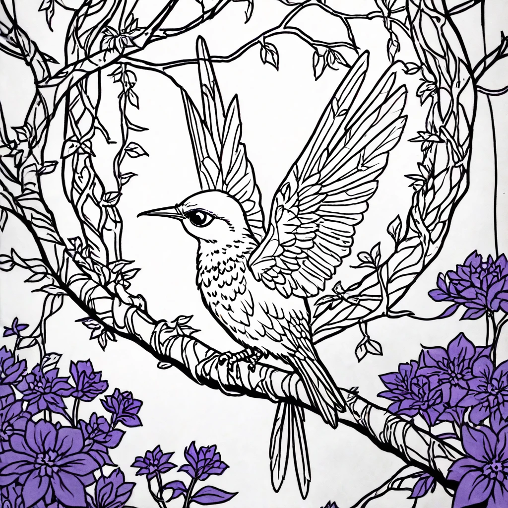 Score_9, score_8_up, score_7_up, score_6_up, BREAK <lora:Moonlit_MinimalismPony:1> ArsMJStyle, Moonlit Minimalism, The image shows a hummingbird perched on a branch with purple flowers in a stained glass window. The bird is surrounded by intricate details of the flowers and leaves creating a beautiful and unique coloring page., wings, plant, lineart, flower, monochrome, leaf, vines, round image, solo, no humans
