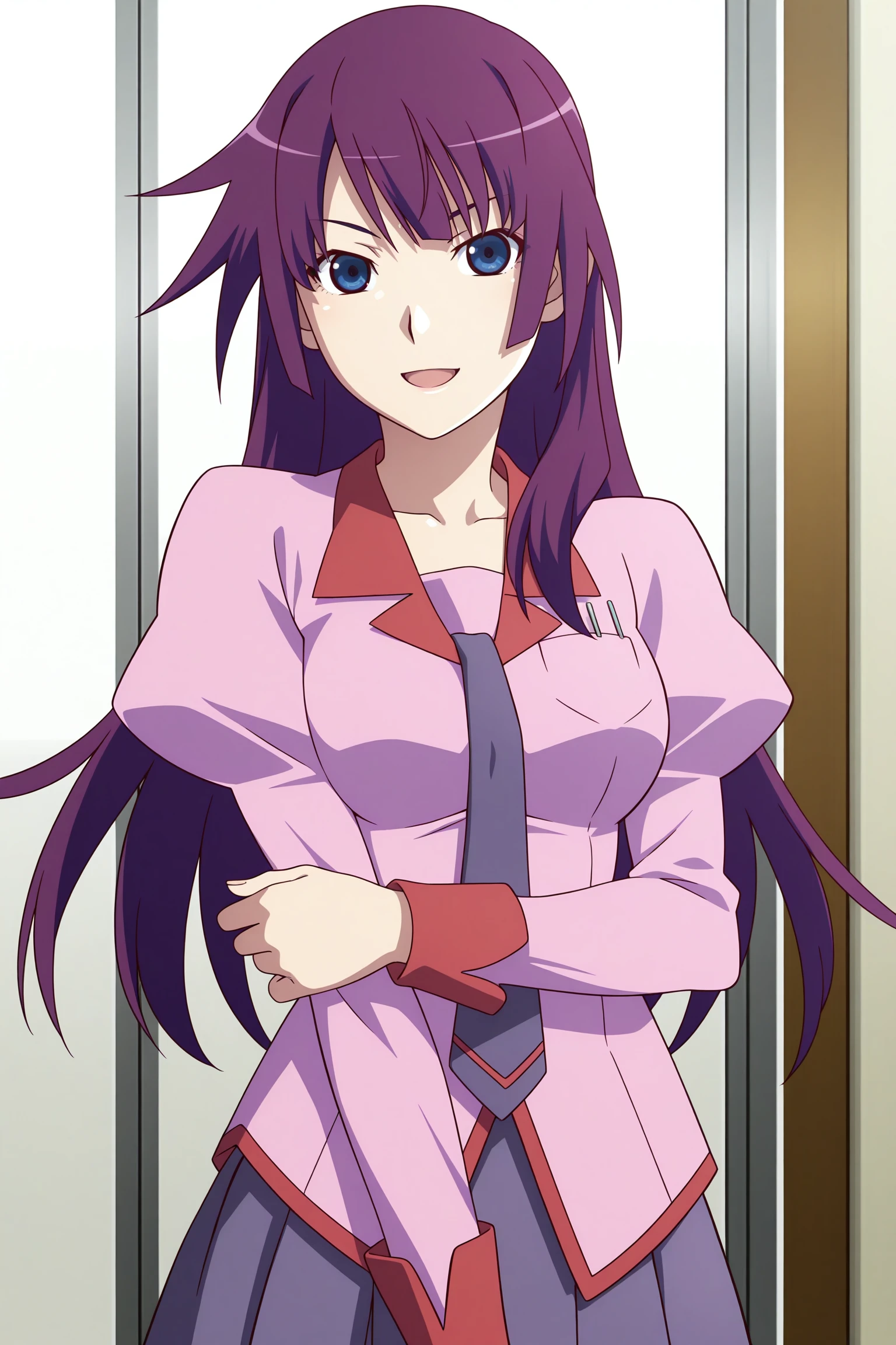 masterpiece, best quality, amazing quality, highres, absurdres, very aesthetic, high resolution, ultra detailed, perfect details, 1girl, solo, indoors, medium breasts, hitagi senjougahara, long hair, hime cut, purple hair, blue eyes, long sleeves, puffy sleeves, pink shirt, untucked shirt, breast pocket, purple tie, purple skirt, pleated skirt, black thighhighs, zettai ryouiki, loafers, <lora:Hitagi_Senjougahara_ILXL:0.8>, (aged up:1.2), (upper body:1.2), looking at viewer, smile, dim lighting, anime coloring, anime screencap, (pose:1.6), open mouth