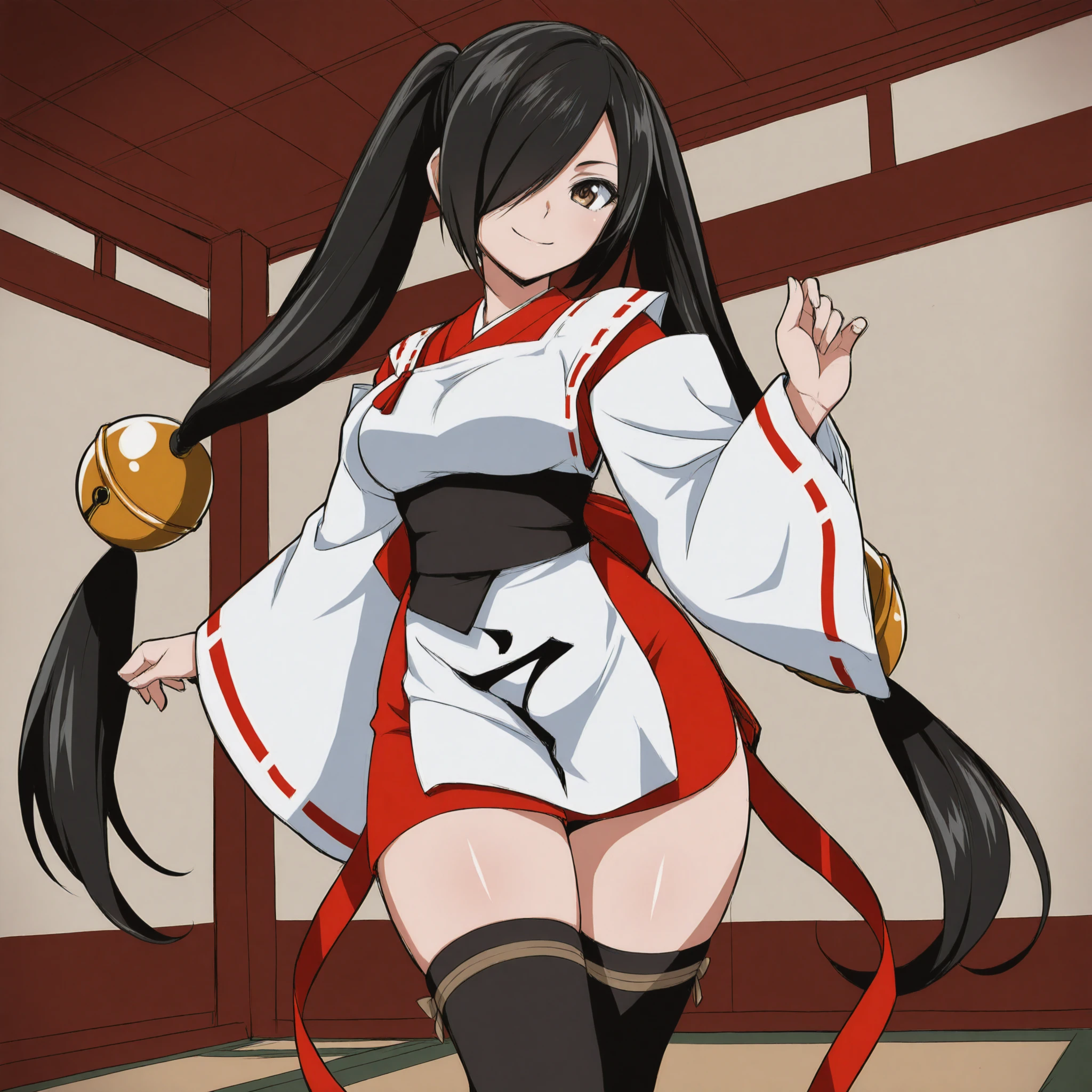 best quality,(2020 anime style,anime face:1.4),(1girl,solo:1.2),Kagura,miko,black hair,very long twintails,hair low-tied ball bell,hair over right eye,long wide ribbon-trimmed white sleeves,japanese clothes,sash,behind waist long ribbon,black toeless thighhighs,apron black print,medium breasts,<lora:Kagura_IL> BREAK
cowboy_shot,smile,brown eyes,(japanese room:1.2),