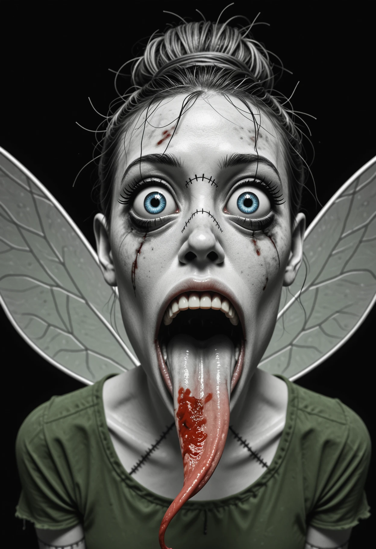 Tinkerbell, fairy wings, blue eyes, green dress, sexy, hair bun , creepy aesthetic, teeth, tongue, open mouth, horror, monochrome, blood, stitches, horror, crazy, eerie, long tongue, (huge eyes:1.2)