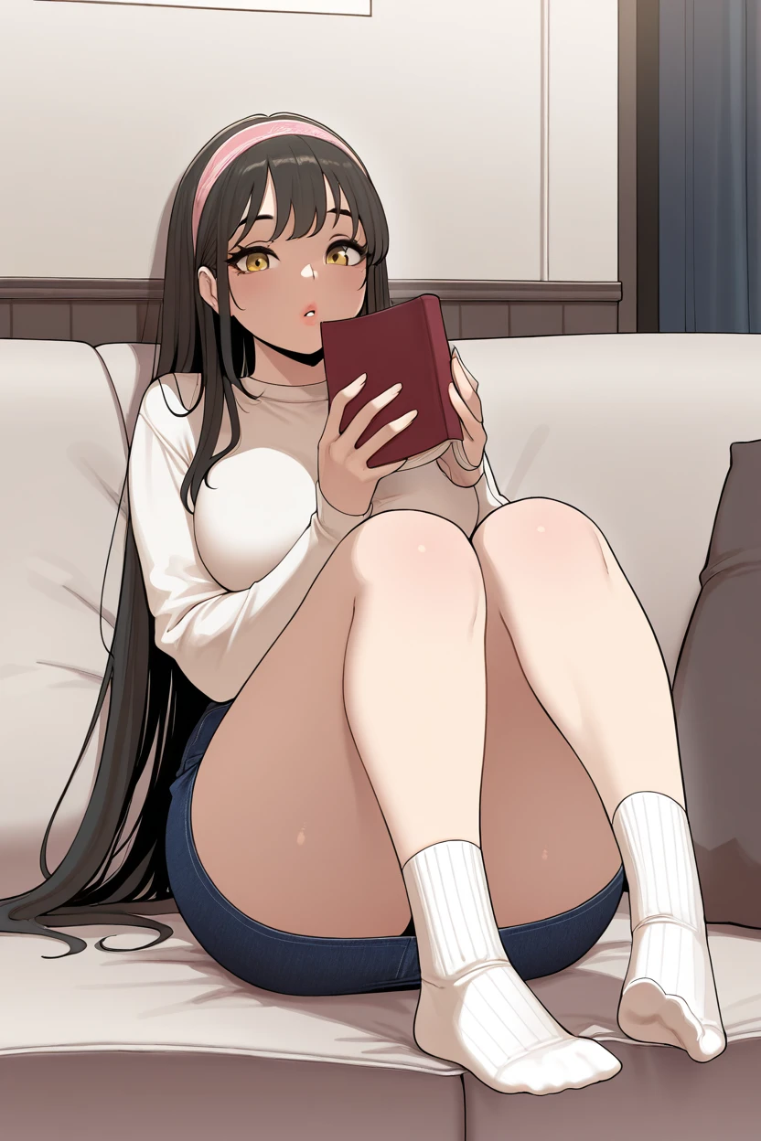 masterpiece, best quality, 1girl, solo, eyelashes, (beautiful eyes),    1girl, black hair, blue skirt, book, breasts, brown eyes, couch, denim, denim skirt, feet, full body, hairband, hetero, holding, knees up, large breasts, lips, long hair, looking at viewer, miniskirt, on couch, original, pencil skirt, pink hairband, sitting, skirt, socks, solo focus, sweater, thick thighs, thighs, very long hair, white legwear, white sweater, yellow eyes, bangs, long sleeves, sidelocks, parted lips, indoors, legs, pillow, no shoes, white socks, holding book, out of frame, wall,  ,<lora:AhLyongLee_IXL_v1:1.0>,