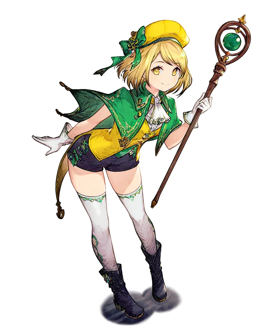 <lora:GAME_STYLE_ffbrave-000014:1>,
airbrush \(medium\),
BREAK
solo,1girl,gloves,blonde hair,white gloves,white background,green capelet,staff,simple background,standing,yellow eyes,socks,full body,hat,looking at viewer,kneehighs,boots,smile,shorts,capelet,holding staff,closed mouth,black footwear,ascot,green ribbon,green headwear,short hair,yellow headwear,hand up,thighhighs,leaning forward,, ,masterpiece, best quality,