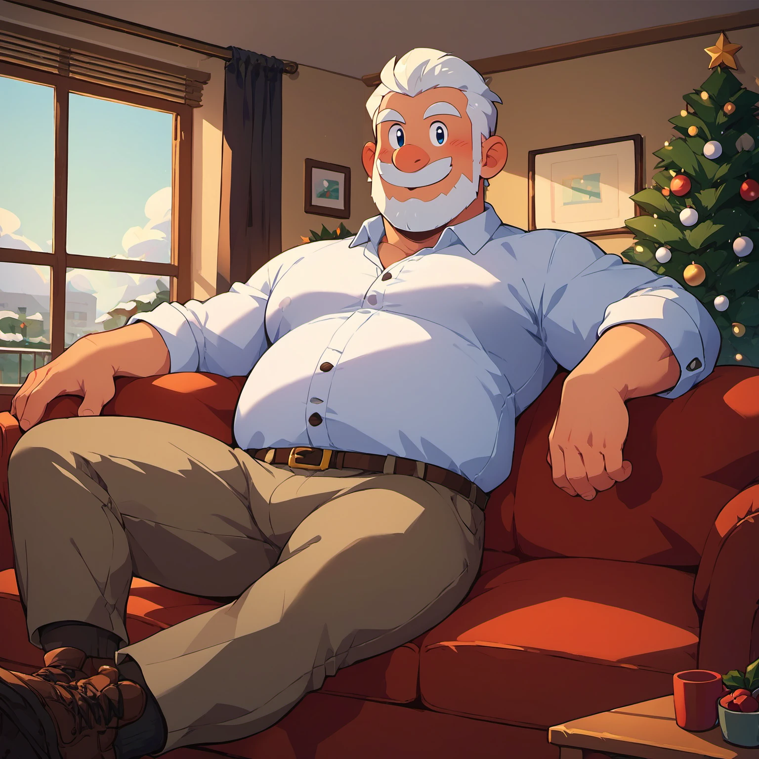 score_9, score_8_up, score_7_up,  santa man, white shirt, sitting on couch, indoors, looking at viewer <lora:santa_in_chimney_01_resized:1>