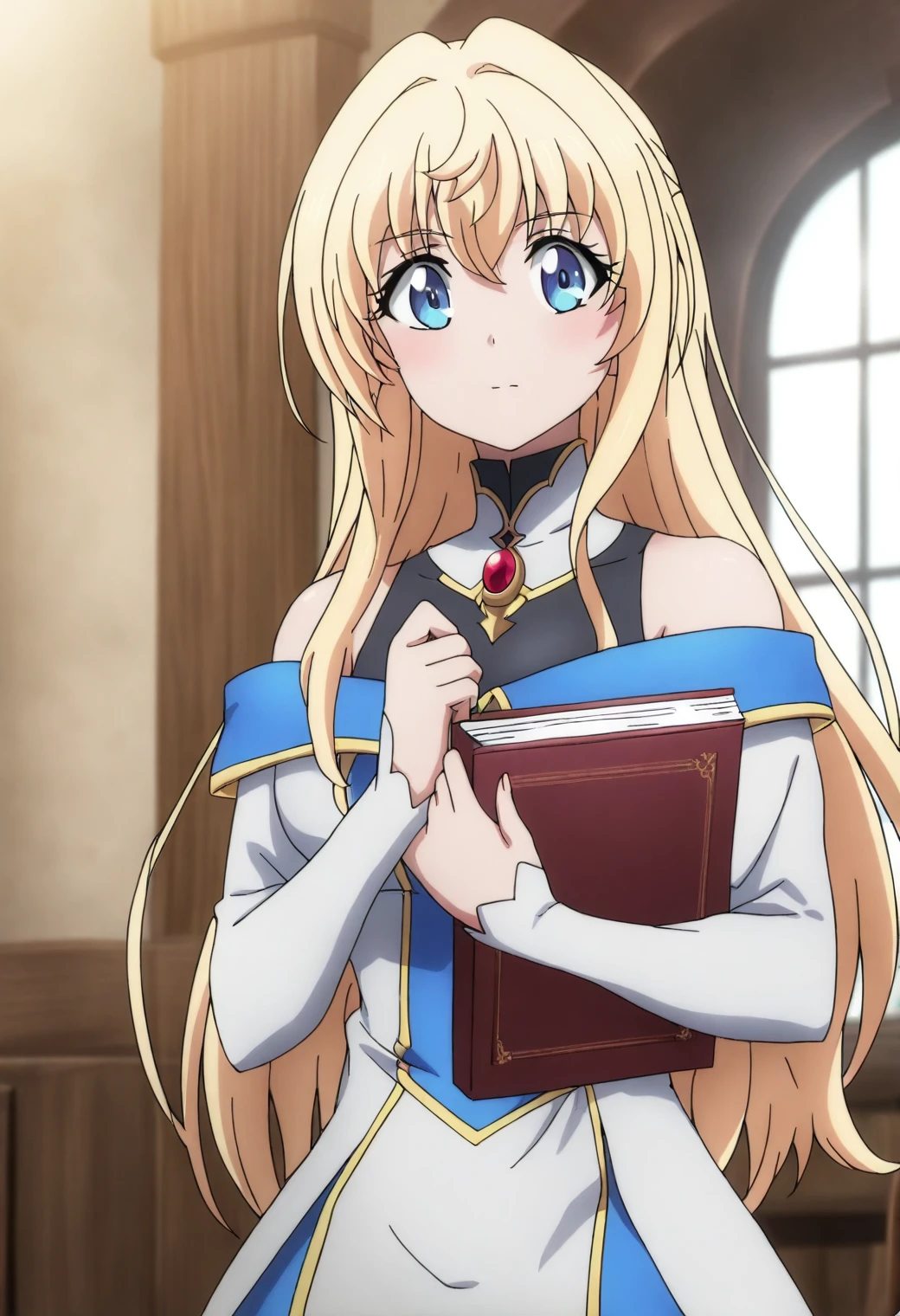 <lora:Priestess - [Goblin Slayer] - illustriousXL v1:1>, sysdeep_priestess, blue eyes, blonde hair, long hair, anime coloring, 1girl, solo, off-shoulder dress, sunlit café, holding book, pensive mood