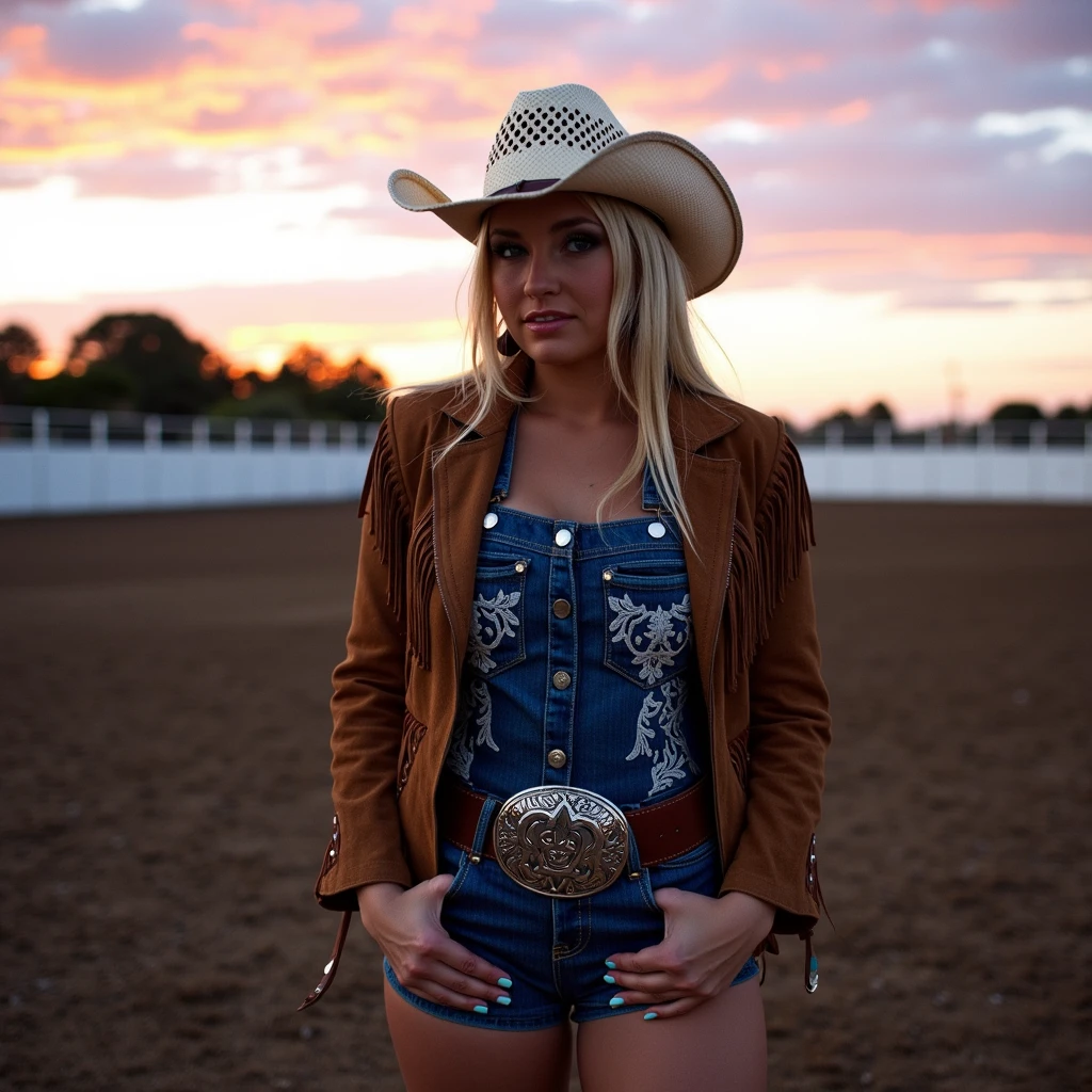 <lora:Buckle_Bunnies__Cowgirls:1>cgs, A confident cowgirl stands in the middle of a deserted rodeo arena at dusk, her silhouette outlined against the fading orange and purple hues of the sky. She wears a fitted denim jumpsuit with intricate silver embroidery and a wide leather belt featuring an oversized rodeo buckle. A fringed suede jacket drapes over her shoulders, and she tops off her look with a cream Stetson hat. Her boots are two-toned with turquoise inlays.
Captured with a Hasselblad 500CM using an 80mm Zeiss lens on Kodak Portra 400 film for warm, rich colors. The lighting setup includes a low-angle golden hour key light to highlight the silver accents on her outfit, with a rim light from a portable LED panel to separate her from the backdrop. A slightly tilted low-angle shot emphasizes her dominance and allure in this classic Western setting.