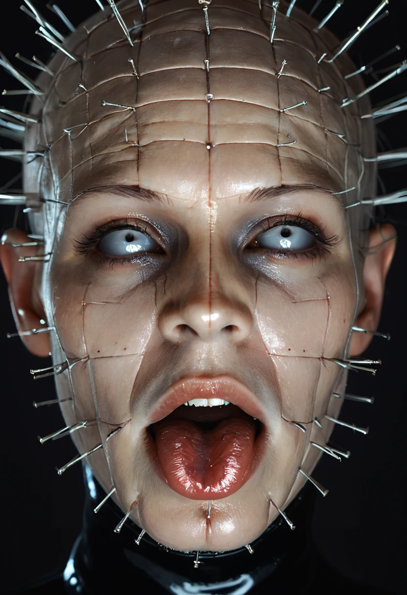 <lora:Pinhead-PXL:1> Pinhead-PXl, Pinhead, 1girl, portrait, no sclera, no pupils, white eyes, tongue out, tongue, looking at viewer, saliva trail, saliva, rolled eyes, black background, simple background, realistic, ultra detailed skin texture, shiny skin, latex clothes, from side,, score_9, score_8_up, score_7_up, score_6_up, score_5_up, score_4_up