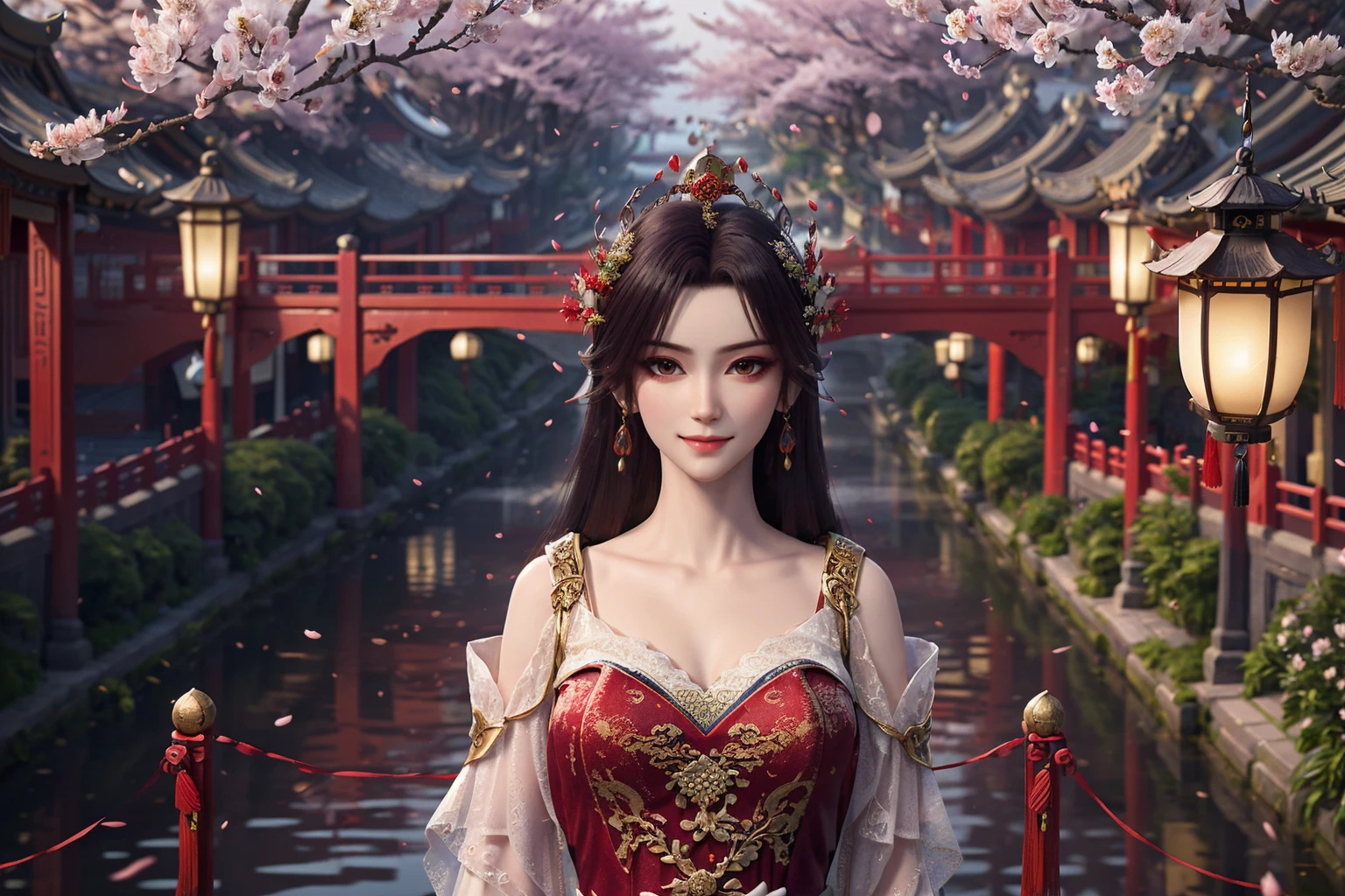 caoying,(upper body),1girl,solo,closed mouth,light smile,(china hair ornament:1.2),china wedding hoenix crown,(china earrings),((china jewelry)),(huge breasts),(red china bride red wedding dress:1.3),(looking at viewer),outdoors,((night:1.3)),(china building:1.3,china courtyard and wooden bridge and river,lantern:1.3),(cherry blossoms:1.2),depth of field,Highly detailed,(best quality:1.5,masterpiece:1.5),<lora:caoying-000010:0.8>,<lora:QNå½é£å¥³ç:0.6>,