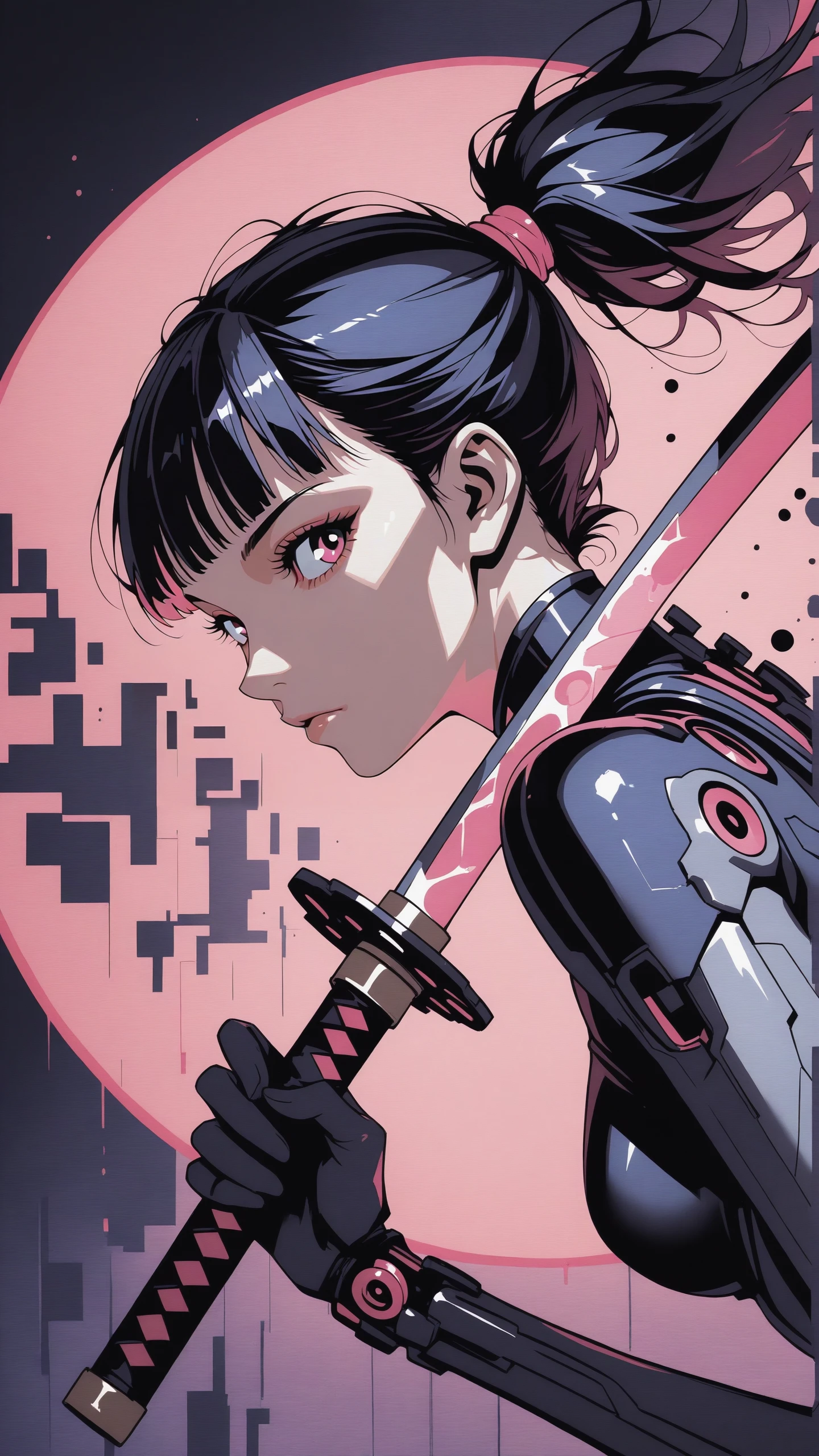 ((reij-drkfnwr art style <lora:drkfnwr:1>):1.2), Masterpiece-level, clean lines, sharp, focused subject, minimalistic composition, side view, upper body view, circle, tangle composition. pink neon lights, black background, futuristic, hime cut, ponytail, beauty, cyber body, katana, abstract background, cyber body details, futuristic, hands, holding katana infront of face, model posing, cheekbones, dynamic motion, dynamic angle, face focus. looking at viewer, detailed eyes, eyelashes, dynamic motion, black light, light from one side, dark shadows.