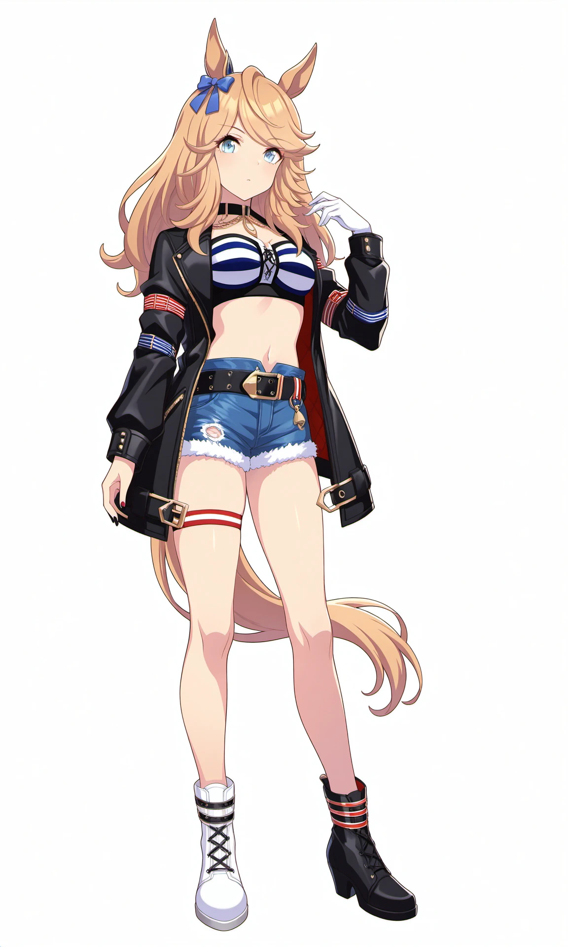 white background,transparent background,simple background,GCauthentic1928,horse girl,black open jacket,striped bandeau,black belt,denim shorts,asymmetrical footwear,blue ear ornament,black choker,nail polish,single thigh strap,single white glove,black footwear,white footwear,
front view,looking at viewer,standing,full body,
masterpiece,best quality,highres,absurdres,1girl,solo,umamusume,game cg,<lora:GoldCityILAuthenticV1:1>,