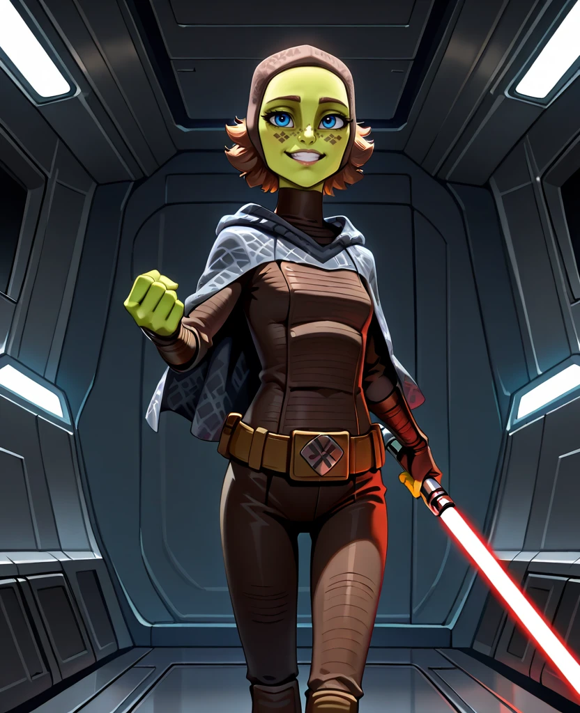 masterpiece, 1440p, 8k, UHD, amazing quality, high resolution, <lora:Barriss_Offee_Illustrious:1> barris-offee, star wars, clone wars, 1girl, solo, green skin, Mirialan, facial tattoo, colored skin, blue eyes, brown hair, cloak, spacecraft interior, console, slim hips, thin legs, skirting, bodysuit, lightsaber, single-handed, weapon, offensive sword stance, confident, grin