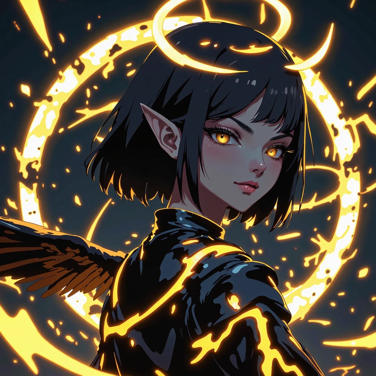 
very awa, masterpiece, highres, absurdres, newest, year 2024, year 2023, 
1girl, black hair, straight hair, looking back, sideways glance, staring, glowing yellow eyes, slit pupils, thick eyelashes, long eyelashes, glowing halo, winged halo, elf ears,  glowing clothes, glowing eyes, 
black feathers, feathered wings,  
