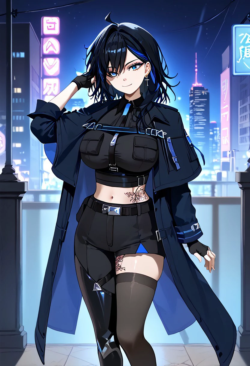 1girl, solo, solo focus, highres, absurdres, AyaseYuu, blue eyes, black hair, blue hair, black gloves, black shirt, multicolored hair, midriff, fingerless gloves, crop top, navel, tattoo, streaked hair, belt, black thighhighs, bangs, jewelry, cross earrings, ahoge, black shorts, piercing, collared shirt, black pants, black footwear, blue jacket, high heel boots, ear piercing, asymmetrical legwear, black coat, necktie, single thighhigh, monocle, capelet, short sleeves, single pantsleg, breast pocket,
looking at viewer, head tilt, light smile, large breasts, hand up, adjusting hair,
cityscape, dark, night, night sky, neon lights, shade, backlighting,