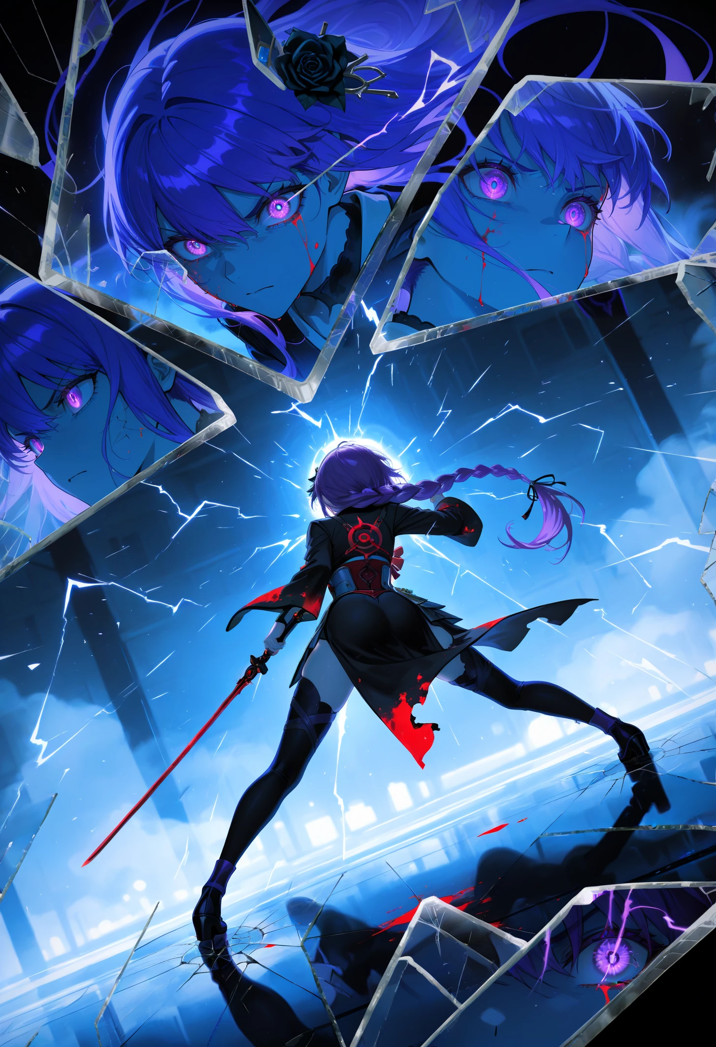 masterpiece, best quality, newest, absurdres, highres, 1girl, purple hair, braided ponytail, purple eyes, hair ornament, <lora:RaidenShogun_illusXLNoobAI_Incrs_v1.1:1>, sword, holding sword, electricity, thunder, foreshortening, dutch angle, outdoors, aura, angry, unlimited blade works \(fate\), blood, fighting stance, battle, motion lines, motion blur, blood on face, blood on clothes, abstract, breaking, shattered, glass, broken glass, monochrome, spot color, blue and black theme, dark, sad, floating hair, black kimono, gothic, black rose, thistles and thorns, flora, black and thick liquid, fog, blue butterfly, underlighting, strong visual impact, film lighting, (different reflection, reflection, glass shards:1.2), An ethereal sketch using lineart techniques and wet on wet painting, shatter across face, blood from eyes, tomoe \(symbol\), <lora:Detailer_NoobAI_Incrs_v1:1.1>, detailed, <lora:BrokenGlass_illusXL_Incrs_v1:0.7>, eye trail, time paradox, multiple views, close-up, from behind, thighhighs,