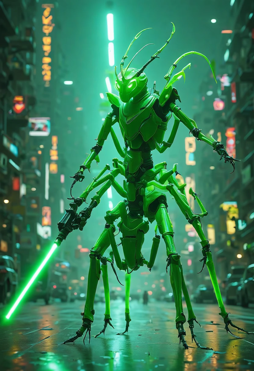 InsectCommandos,  A glowing, lime-green mantis knight holding a pulsating plasma shield and a sleek, futuristic lightsaber.