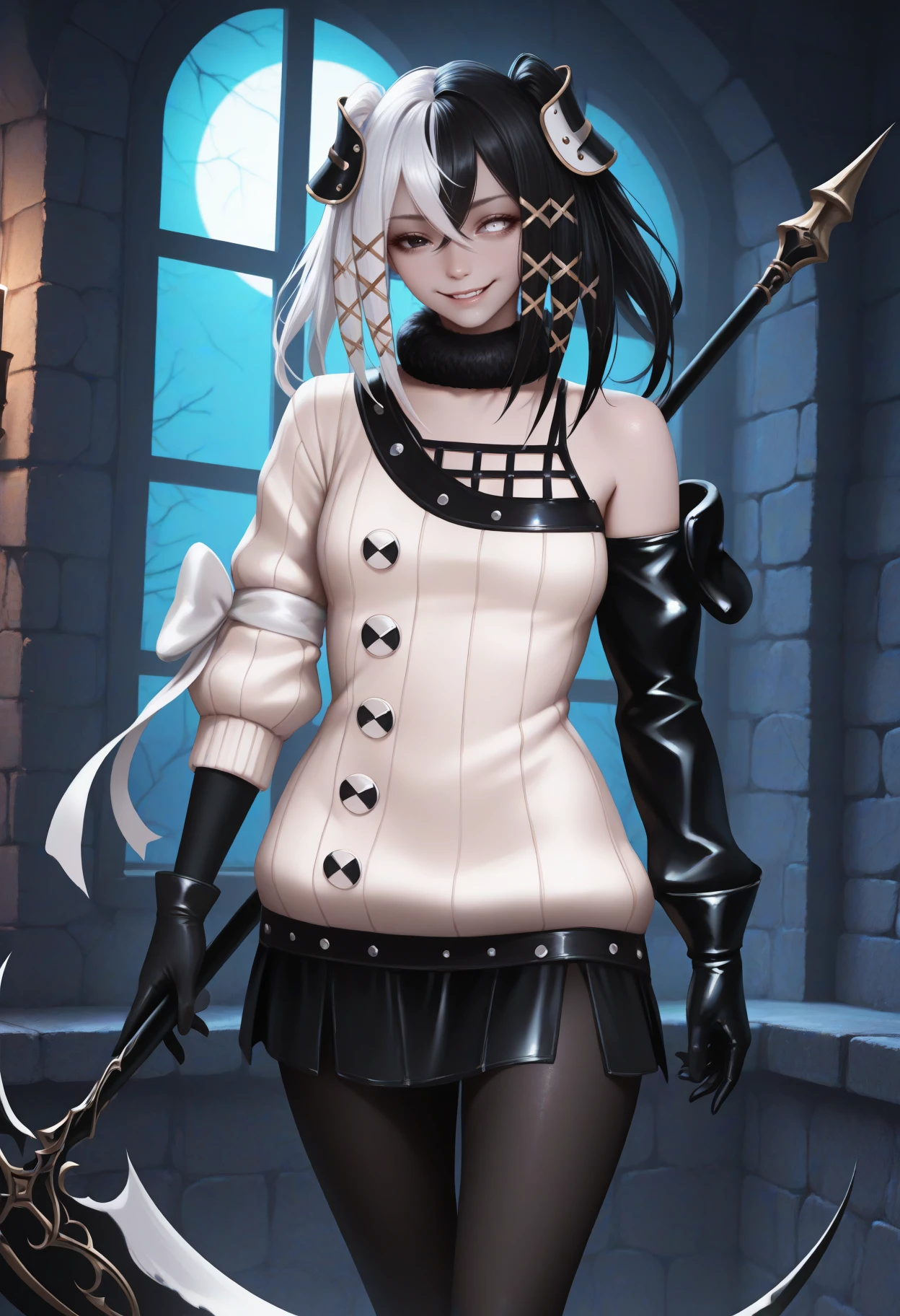 masterpiece, best quality, realistic, solo, 1girl, antil3ne, evil smile, looking at viewer, standing, holding weapon, scythe, long hair, split-color hair, black hair, white hair, hair between eyes, crossed bangs, twintails, x hair ornament, heterochromia, black eyes, white eyes, white sweater, ribbed sweater, fur collar, asymmetrical sleeves, sleeves past elbows, mismatched sleeves, black sleeves, single detached sleeve, sleeve bow, white bow, black gloves, buttons, black skirt, black pantyhose, single bare shoulder, indoors, stone wall, window, night, moonlight
<segment:yolo-Anzhc Face seg 640 v2 y8n.pt,0.4,0.5//cid=1>