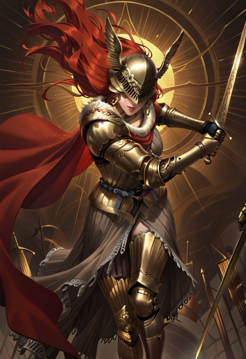 GwentstyleIL-V1.0, masterpiece, best quality, newest, absurdres, highres, 1girl, malenia blade of miquella, floating hair, red hair, long hair, prosthetic leg, armor, gold armor, winged helmet, armor, red cape, prosthetic arm, single mechanical arm, holding sword