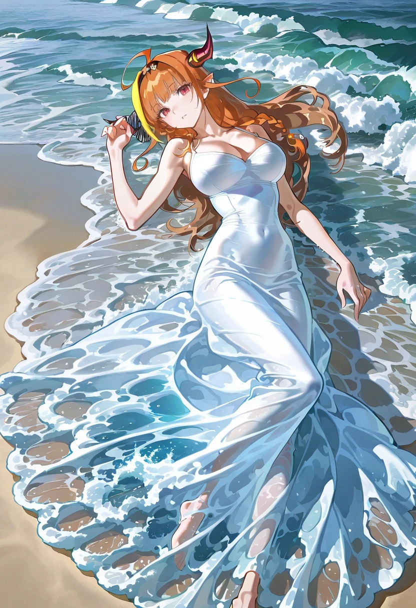 1girl,solo,looking at viewer,ikeda ruriko, water dress, waves, white dress, water, long dress, ocean, kiryu_coco,lying,beach