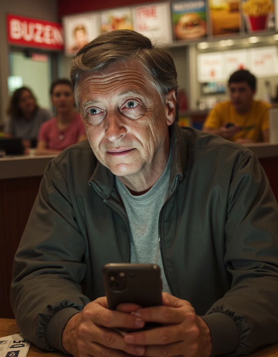 81ll64t35, A middle-aged man is captured in an intimate, close-up view as he sits at a small, slightly worn table in a bustling fast food restaurant. His weathered face, marked with faint lines of age and experience, dominates the frame, reflecting a mix of tired patience and quiet resignation. The soft glow of his phone screen illuminates his thoughtful expression, casting subtle highlights across his features while contrasting with the bright, artificial lighting of the restaurant in the background. His slightly furrowed brow and calm gaze suggest introspection, drawing the viewer into his quiet moment amidst the chaos.  His lightweight jacket and plain t-shirt are visible in the frame, adding context without detracting from his face. The edge of a disposable number card and a crumpled napkin are faintly visible on the table, hinting at the ongoing wait for his food. Behind him, the restaurant's activity is blurred to maintain focus on his expression, with the faint shapes of families chatting, teens snapping selfies, and workers bustling around the counter providing a sense of the lively setting.  The lighting is carefully balanced to highlight the sharp details of his face, from the lines around his eyes to the texture of his skin, ensuring clarity and realism. The muted tones of his outfit contrast with the bright reds and yellows of the restaurant decor, enhancing the focus on his introspective expression. This composition captures a universal moment of pause, blending the noise and energy of the environment with the quiet depth of the manâs gaze.   <lora:F1D_Bill-Gates_v01e07:1>âââ