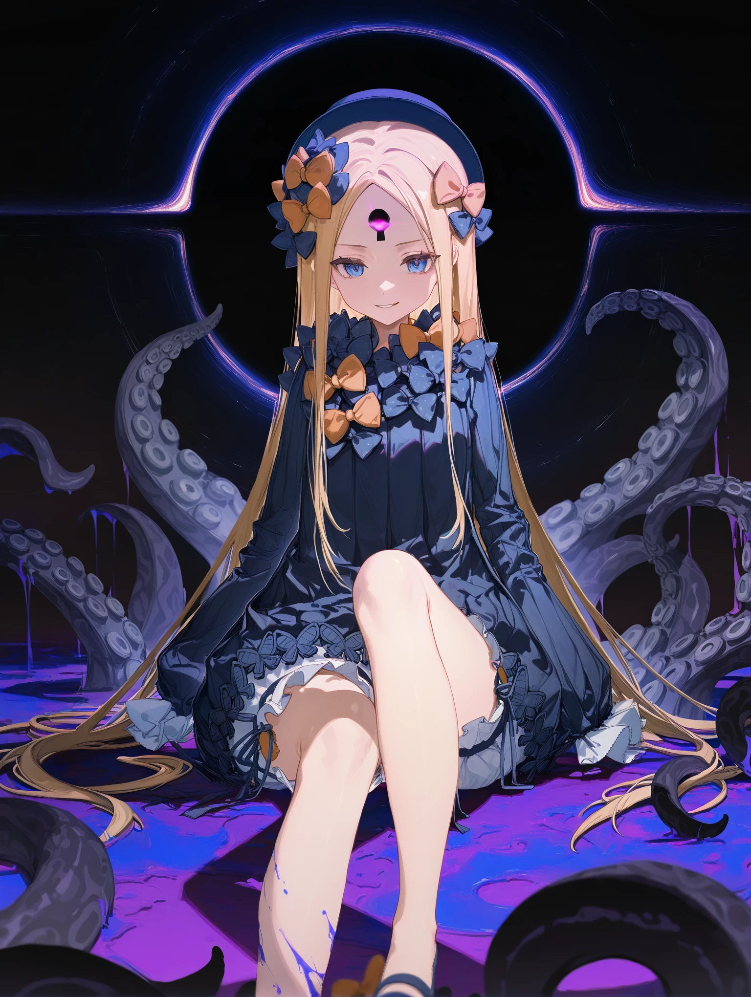 Abigail Williams\(Fate\), sitting, dark, black hole, tentacels, paint spalter, dark fog, smirk, eyes glowing, ciloranko, (wanke:0.4), houkisei, realistic style
,masterpiece,best quality,newest,absurdres,highres,very awa,