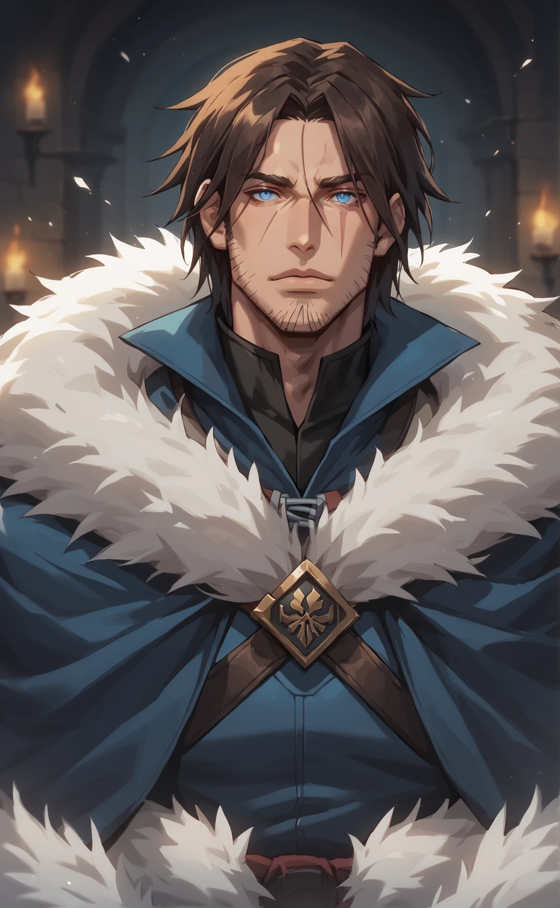 score_9_up, score_8_up, score_7_up, score_6_up, trevorbelmont, 1boy, solo, male focus, brown hair, blue eyes, scar, scar on face, facial hair, stubble, high collar, tunic, fur trim, cloak, partial portrait, dark fantasy art, grimdark, best_quality, masterpiece, dark cold color scheme, valorant style, dvs, <lora:sxz-valorant-smol-v2-pdxl:0.2> <lora:Concept Art DarkSide Style LoRA_Pony XL v6:0.55>  <lora:Trevor_Belmont_-_Castlevania_Pony-000008:0.8>