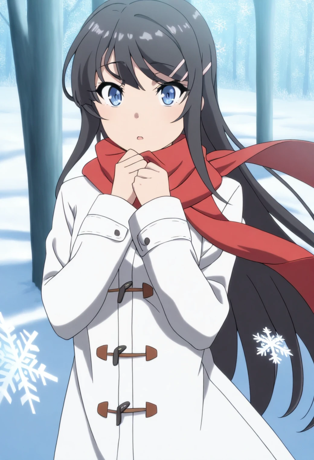 <lora:Mai Sakurajima - [Rascal Does Not Dream of Bunny Girl Senpai] - illustriousXL v1:1>, sysdeep_mai, blue eyes, black hair, long hair, hairclip, anime coloring, 1girl, solo, Snowy forest, woolen coat, red scarf, soft snowflakes falling