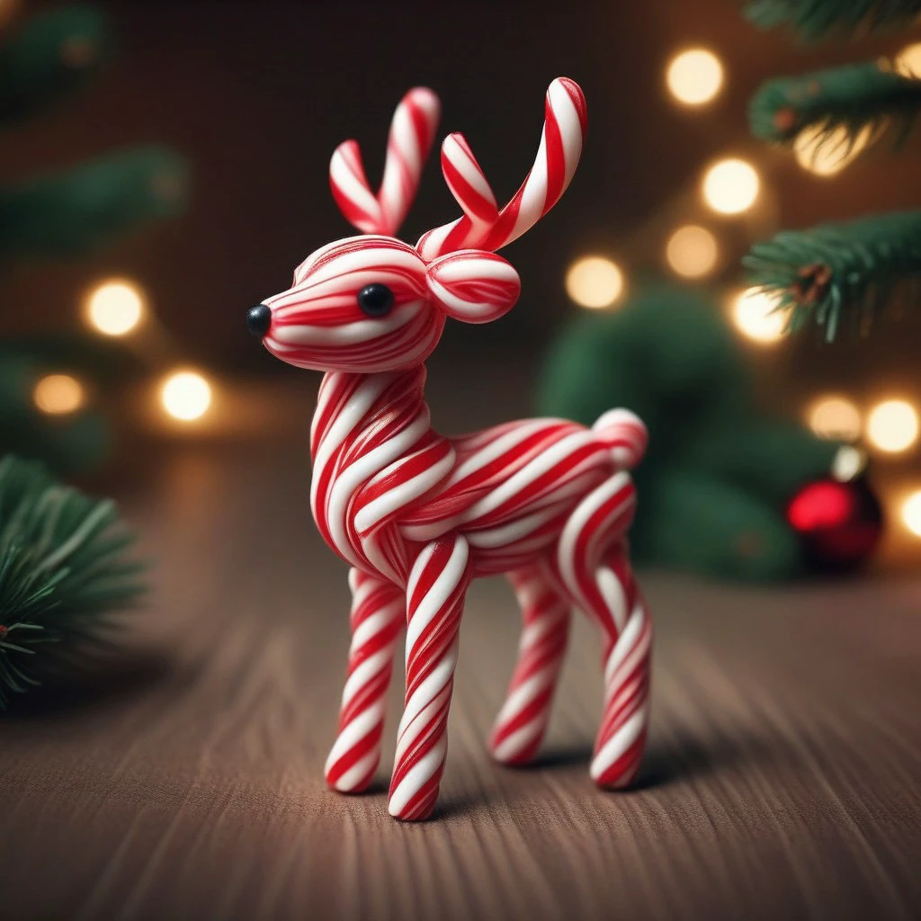 candy_style, tiny deer made of candy cane, best quality, night, stripes, indoors, christmas tree, garland, animal, photorealistic, majestic, cute, reindeer